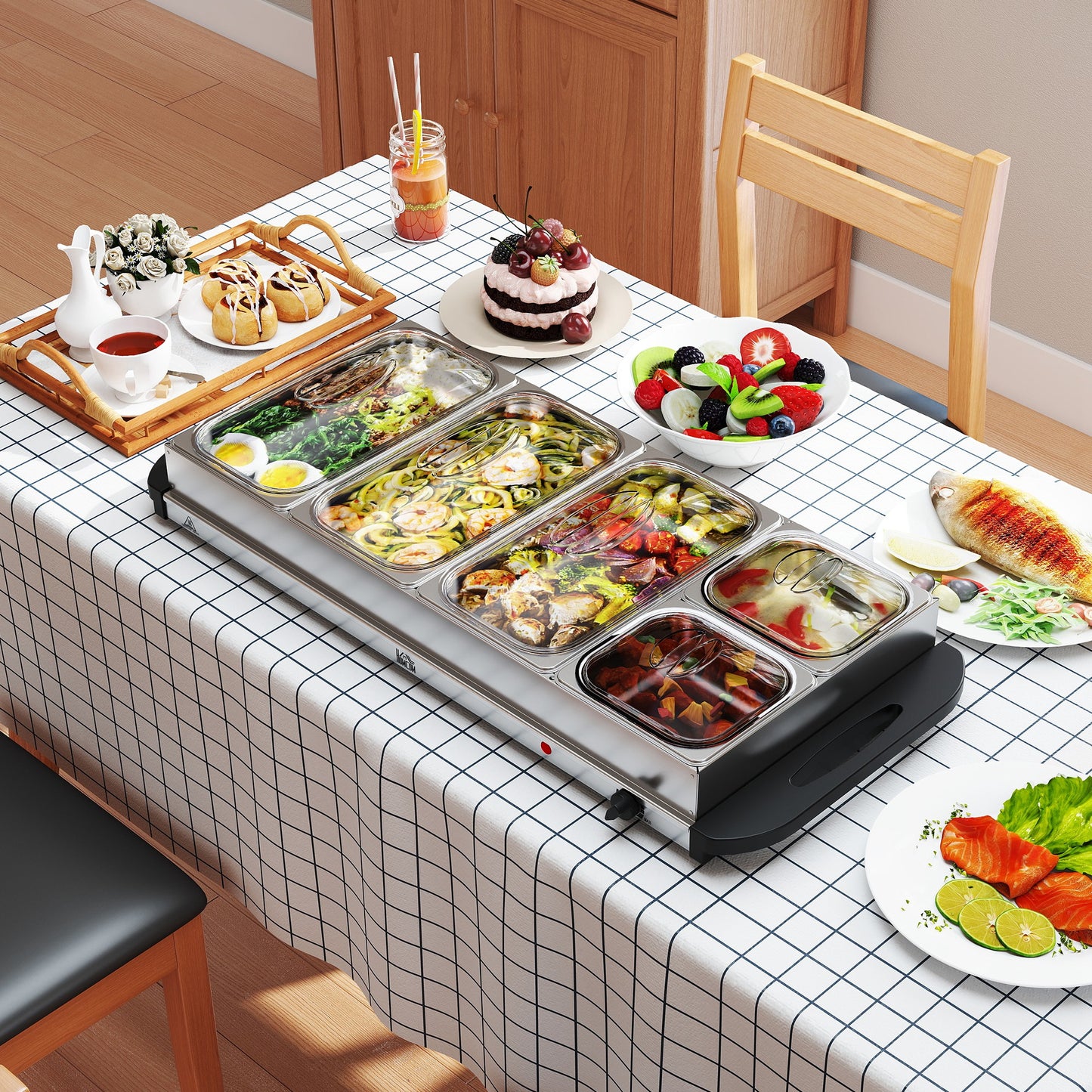 HOMCOM Portable Food Warmer, 9.2L Buffet Server with Lids, Temp Control & Cool Touch Handles, 3 x 2.4L & 2 x 1L, 450W, Silver Tone