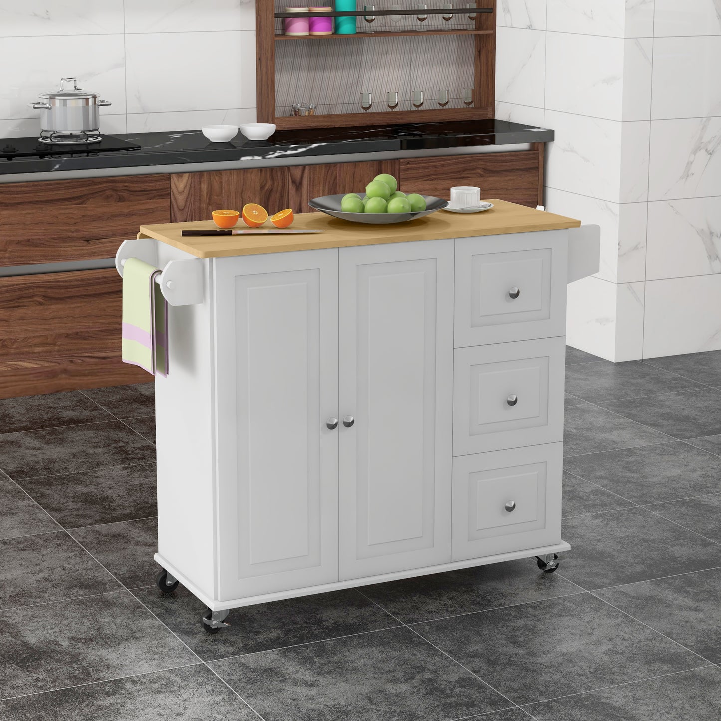 HOMCOM Kitchen Island, Drop Leaf, Wheels, 3 Drawers, Spice & Towel Rack, Rubber Wood Top, Storage Cart, White