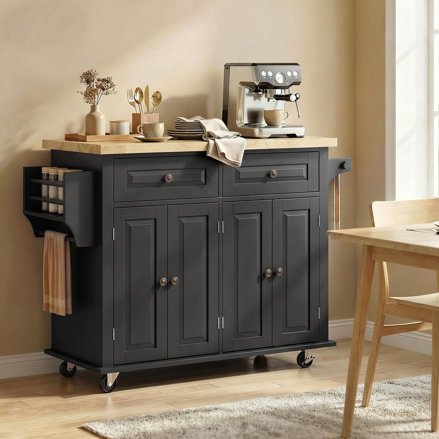 HOMCOM Kitchen Island on Wheels, Rolling Kitchen Trolley with Rubberwood Top, 2 Drawers, Adjustable Shelves, Black