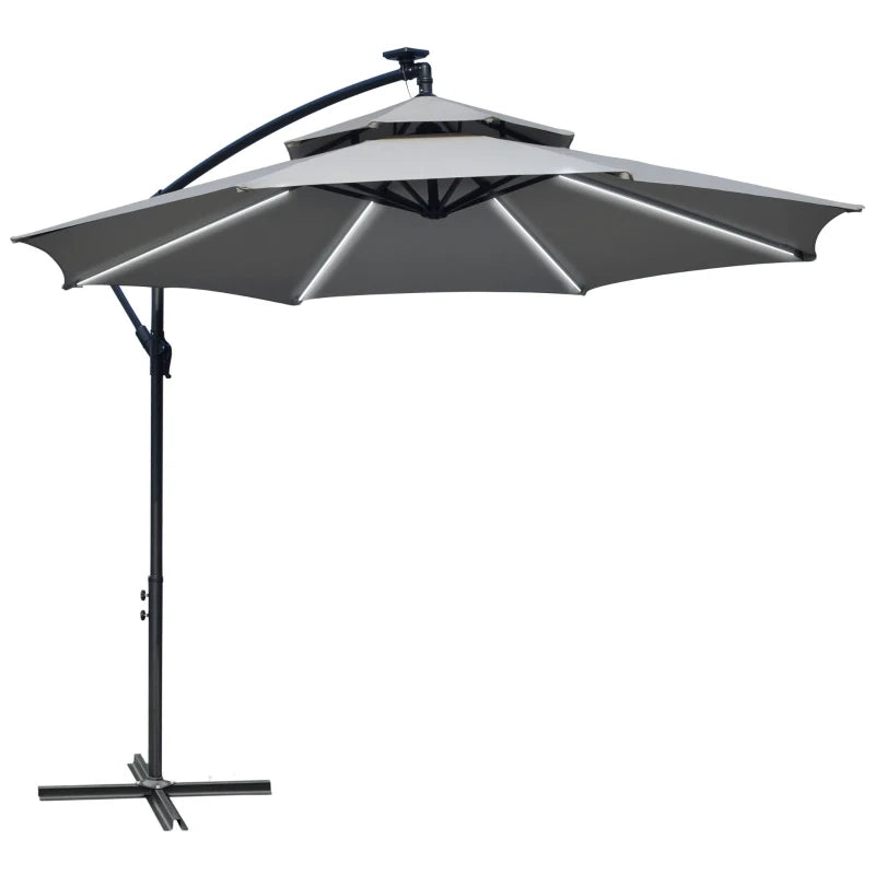 Outsunny 3m Cantilever Banana Parasol Hanging Umbrella with Double Roof, LED Solar lights, Crank, 8 Sturdy Ribs and Cross Base for Outdoor, Garden, Patio, Light Grey