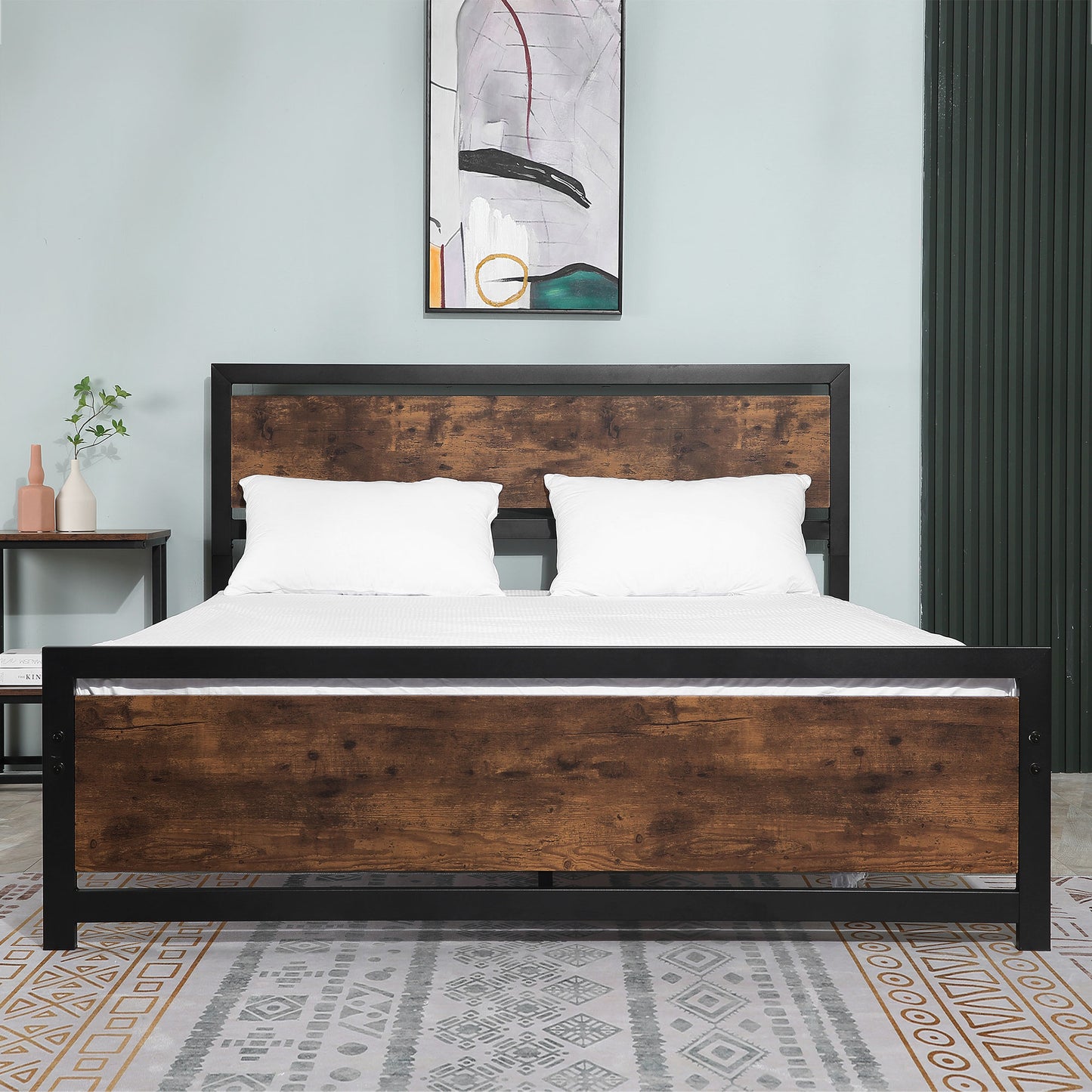 Full Bed Frame Twin Size Metal Bed w/ Headboard, Footboard, No Box Spring Needed