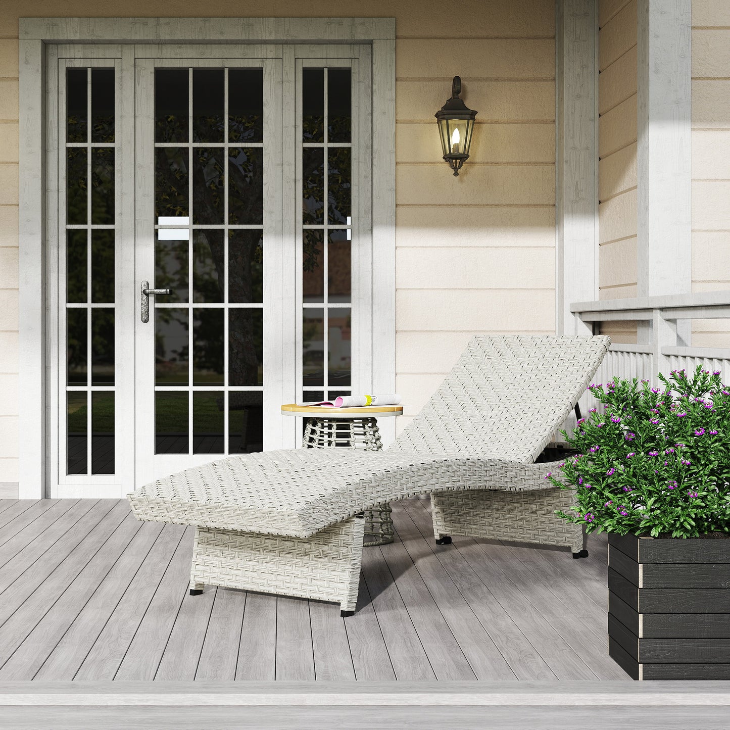 Outsunny Outdoor PE Rattan Folding Sun Lounger with Adjustable Backrest, Wheels & Non-Slip Legs for Balcony/Beach, Grey.