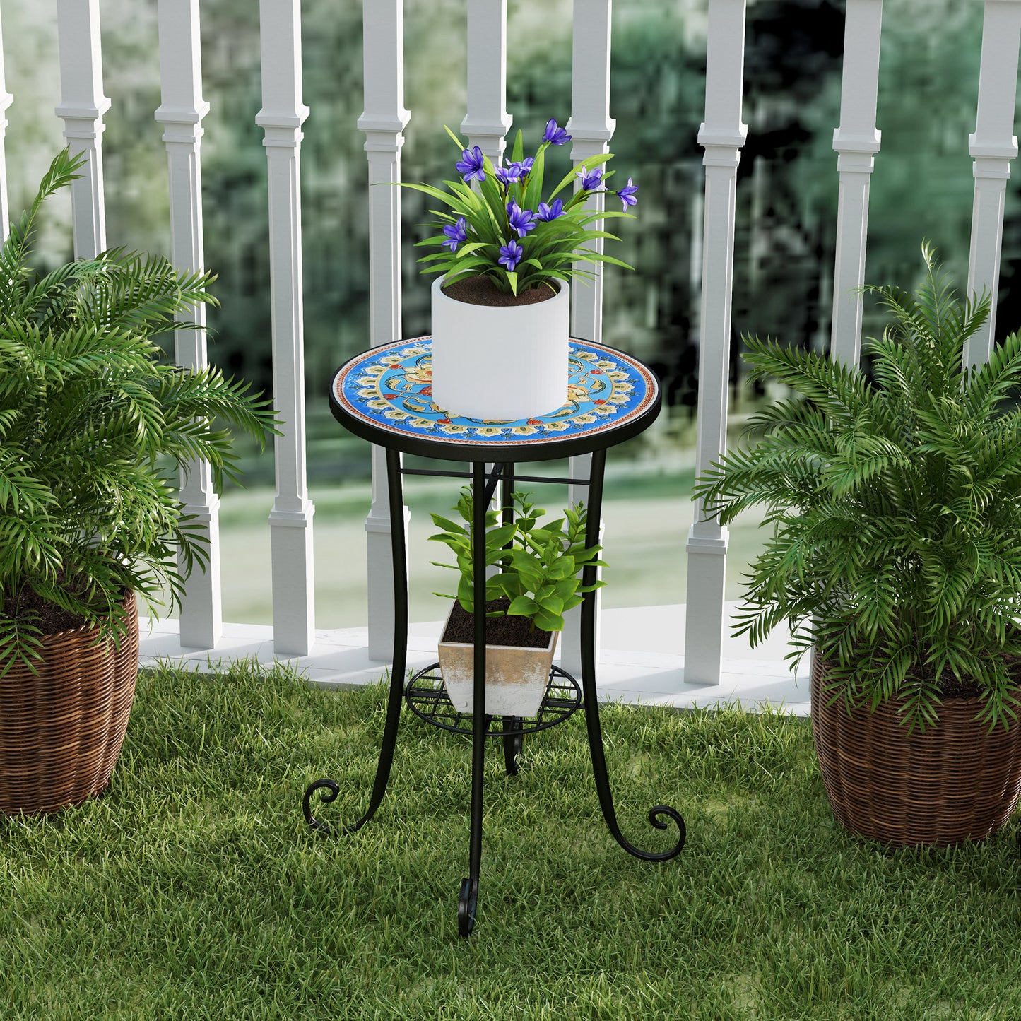 Outsunny Mosaic Garden Table, 35.5 cm Round, Ceramic Tile Top, Side Table/Plant Stand, Blue for Patio/Balcony