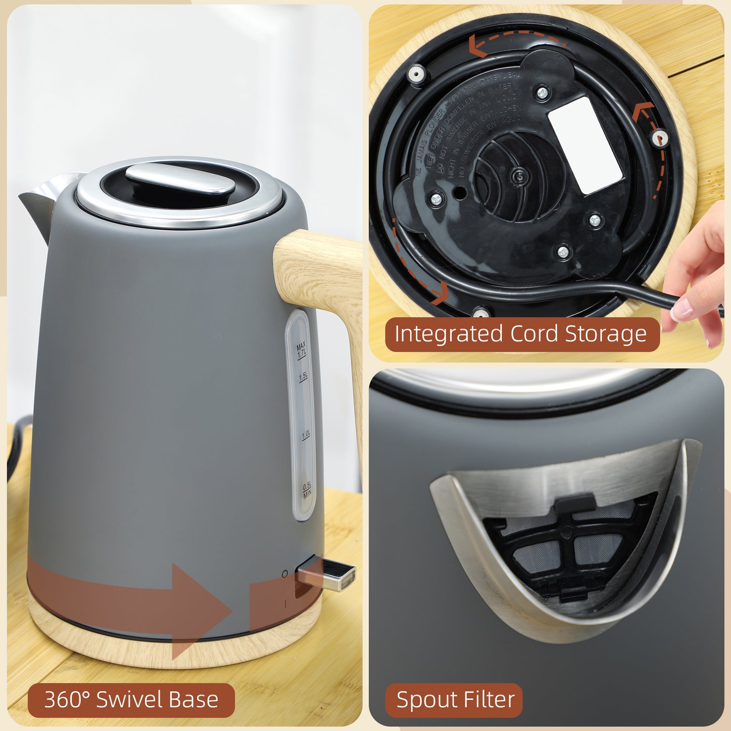 HOMCOM Kettle and Toaster Set, 1.7L 3000W Fast Boil Kettle & 2 Slice Toaster with 7 Browning Levels, Grey