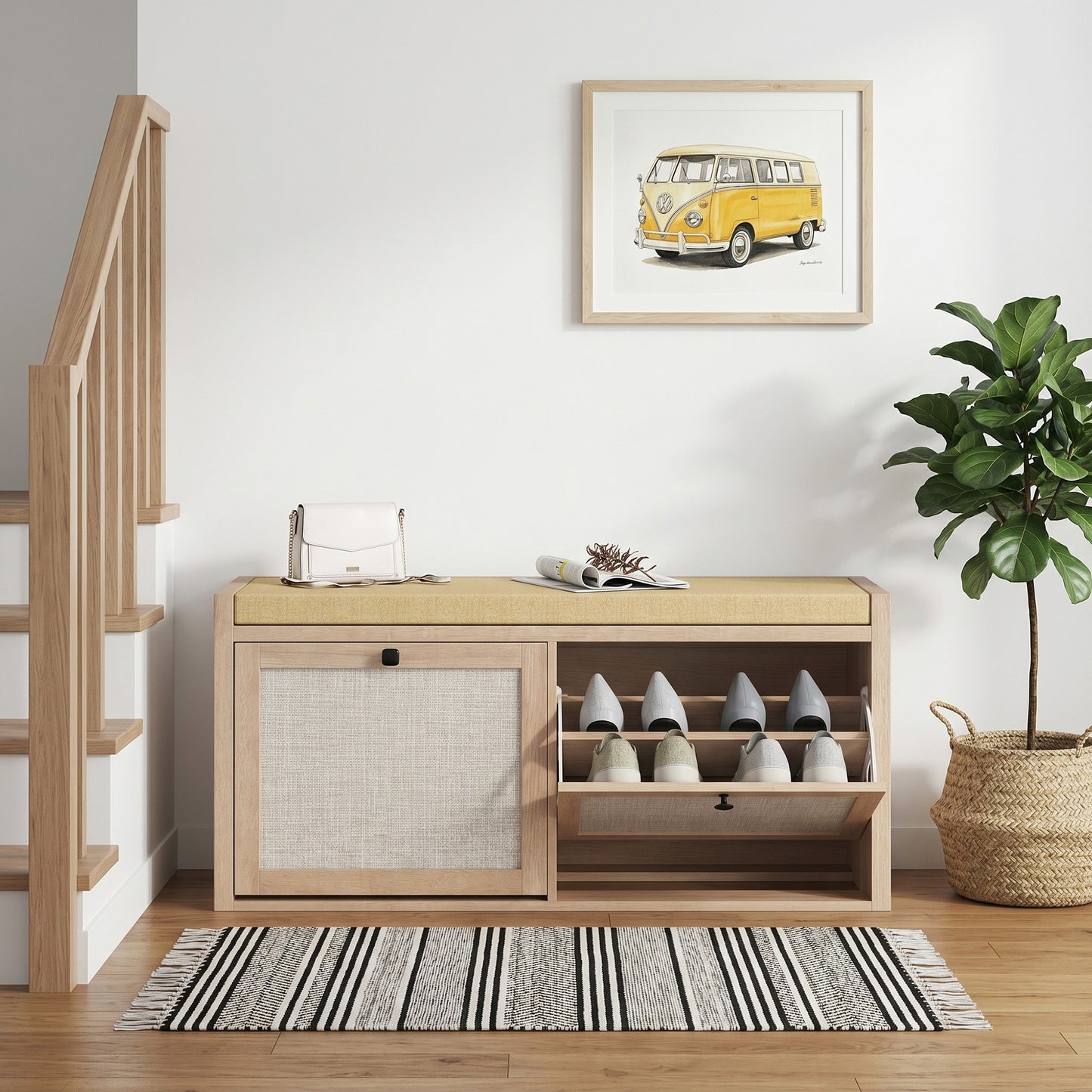 HOMCOM Rattan Shoe Bench with Padded Cushion and 2 Cabinets for Hidden Storage, Oak Wood Effect