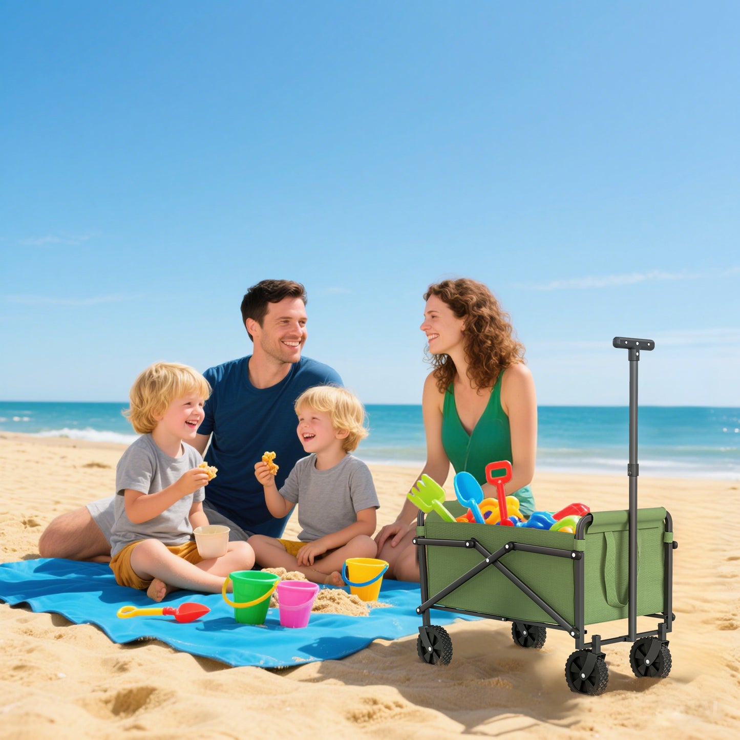 Outsunny 41L Festival Trolley on Wheels, 60kg Folding Wagon with Adjustable Handle & Carrying Bag for Beach, Camping, Festival, Green