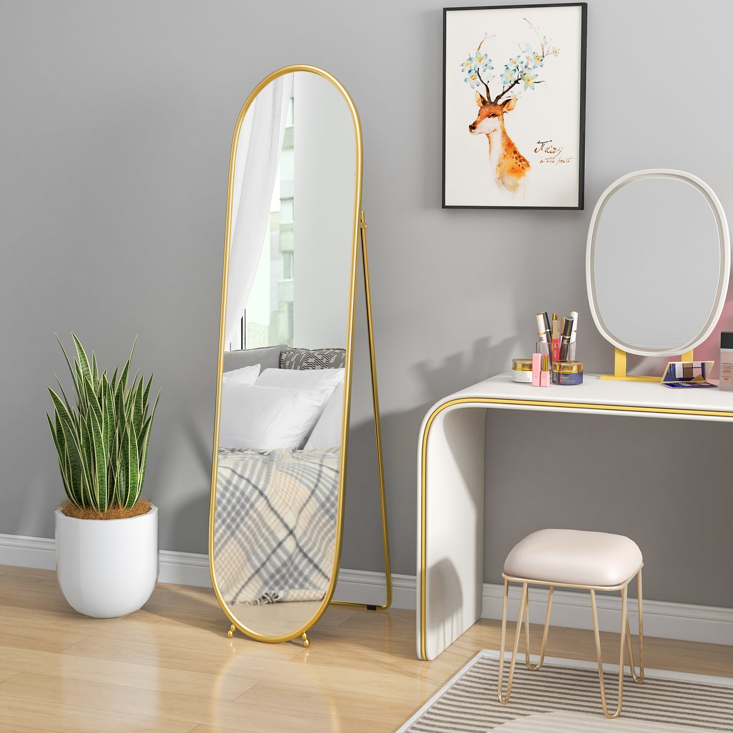 HOMCOM 40 x 160cm Full Length Mirror, Floor Standing, Wall-Mounted or Leaning Against Wall Tall Mirror with Support Frame, Oval Full Body Mirror for Bedroom, Living Room, Gold Tone