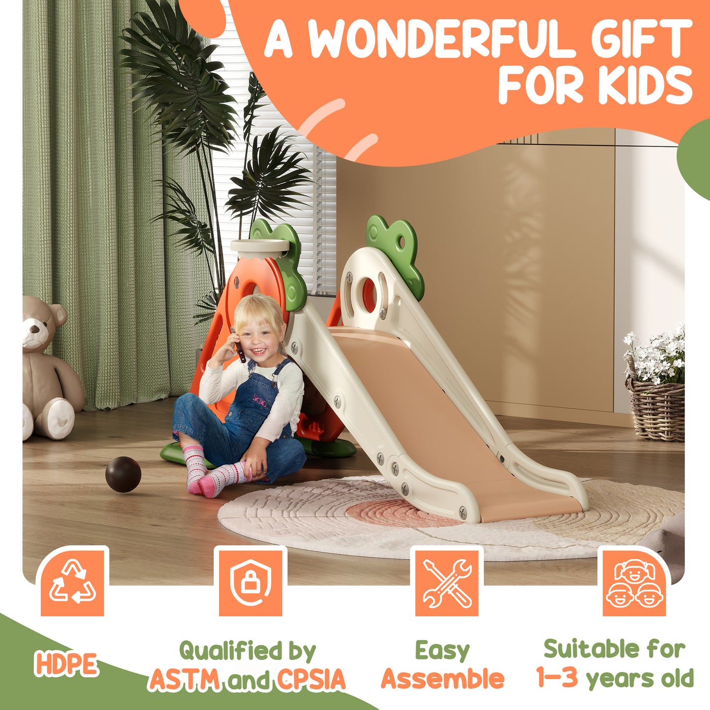 AIYAPLAY 3 in 1 Foldable Toddler Slide with Basketball Hoop, Climber, Carrot-themed for 1-3 Years