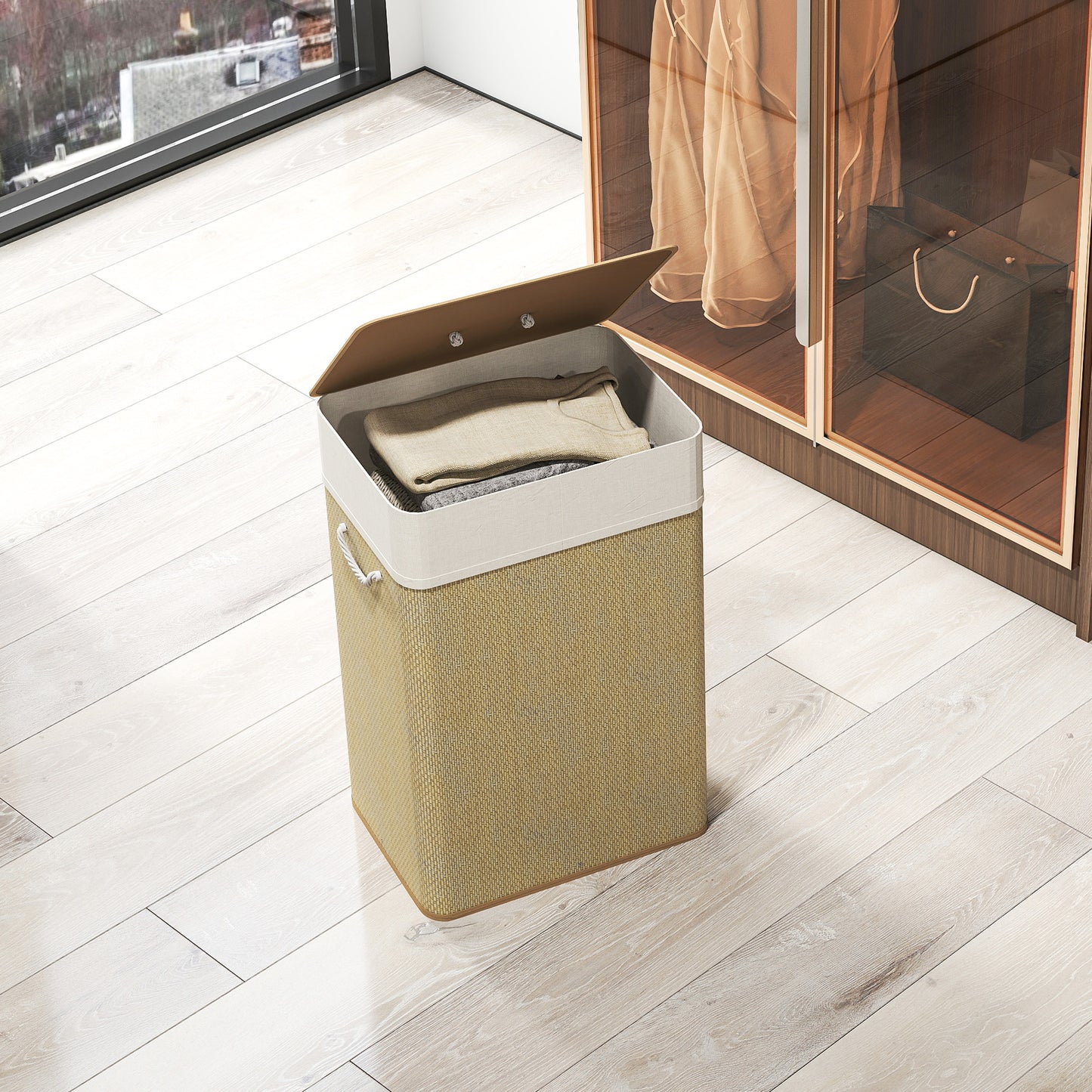 HOMCOM Bamboo Laundry Basket with Lid, 72L Hamper, Rope Handles, Removable Liner Bag for Bathroom or Bedroom, Natural Wood Finish