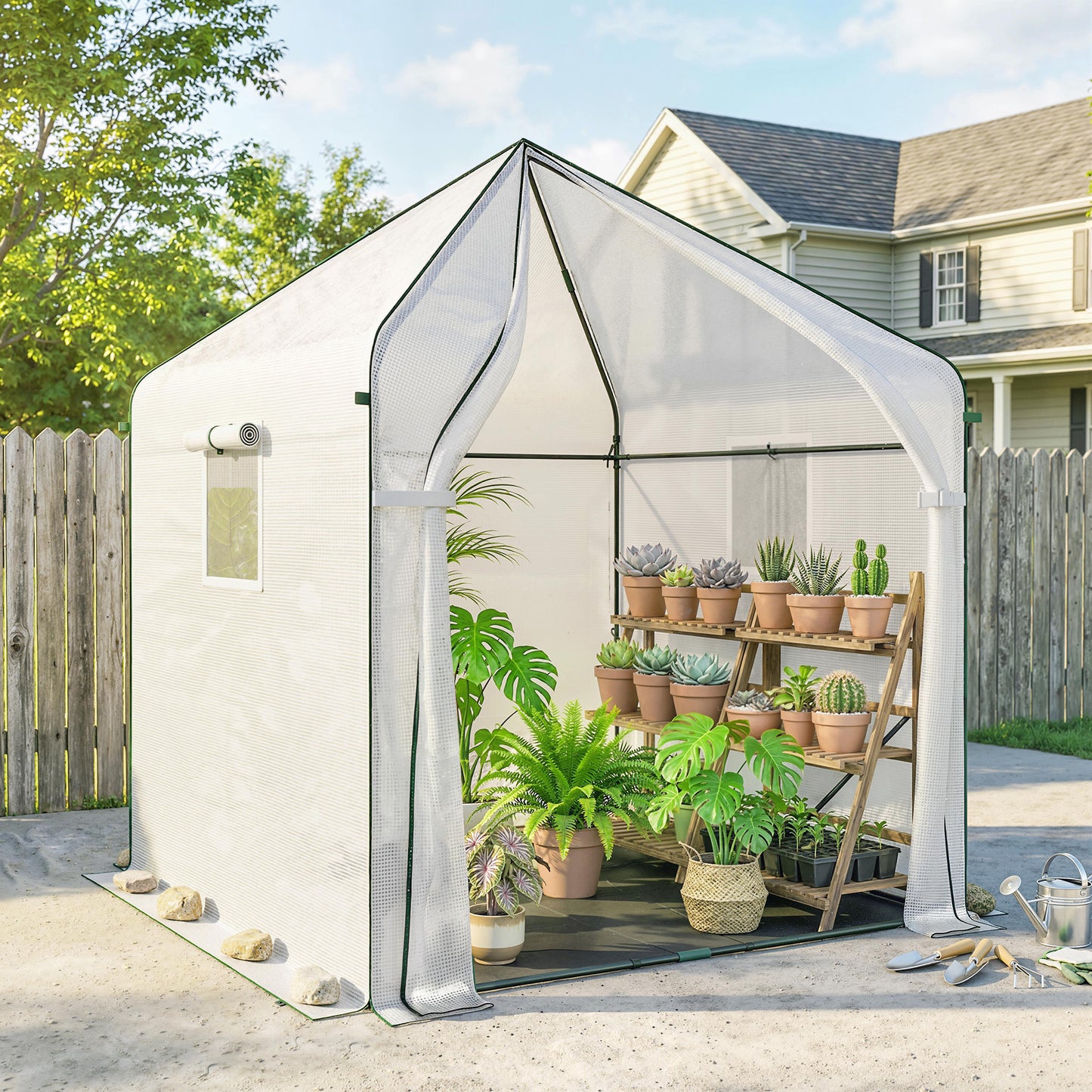 Outsunny Walk-in Greenhouse for Outdoors with Steel Frame, Large Plant House with Roll-up Door and PE Ground Cover, White