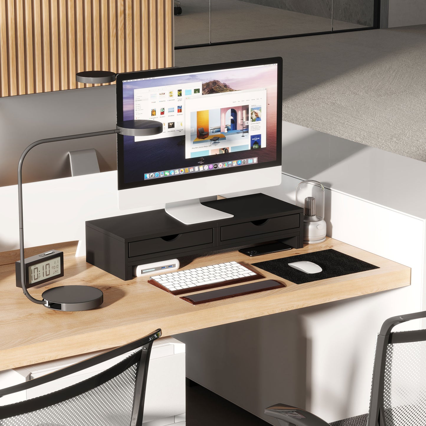 HOMCOM Dual Monitor Stand Riser with 2 Drawers, Black