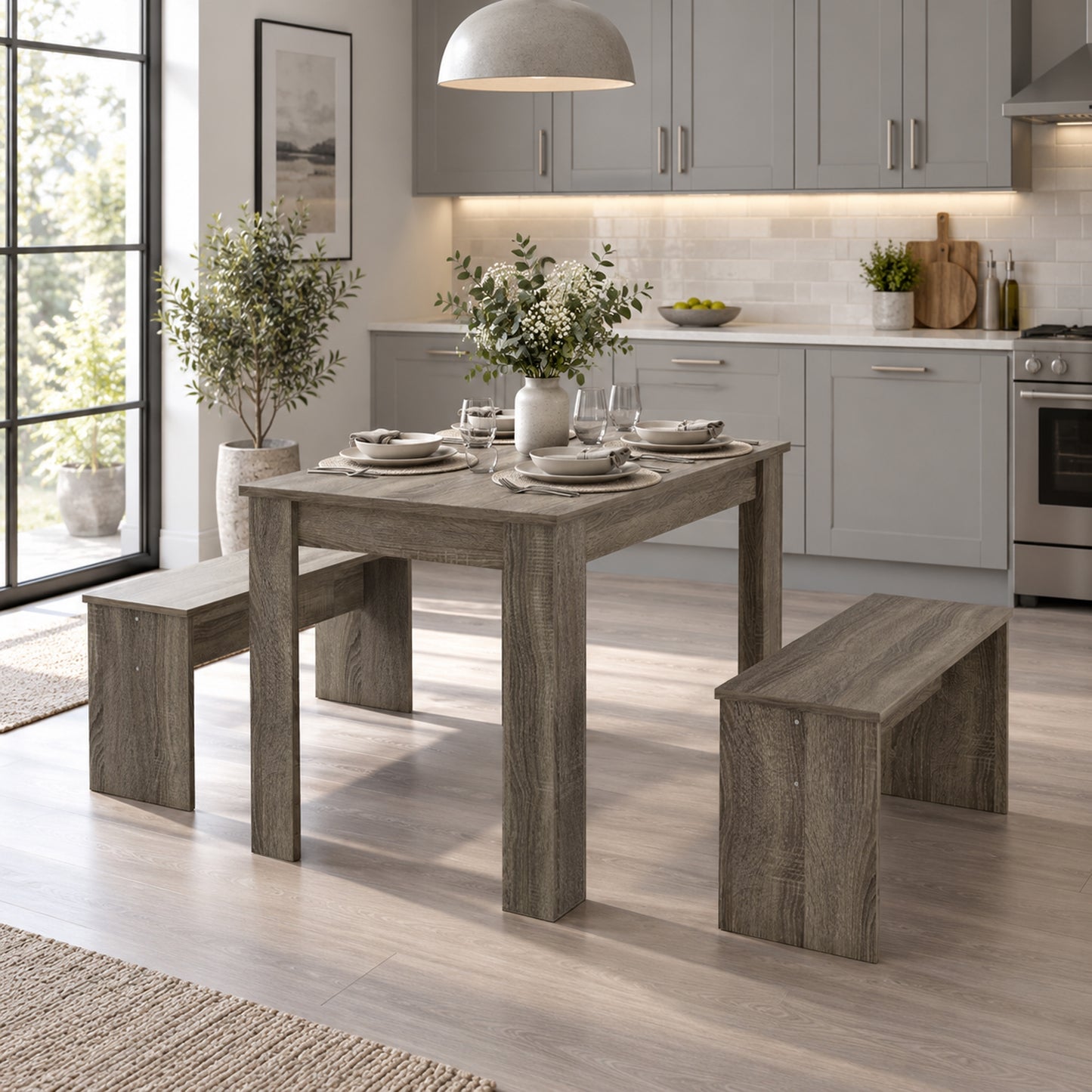 HOMCOM Kitchen Dining Table and 2 Benches Set, Table and Chairs Set for Limited Space, Grey Wood Effect