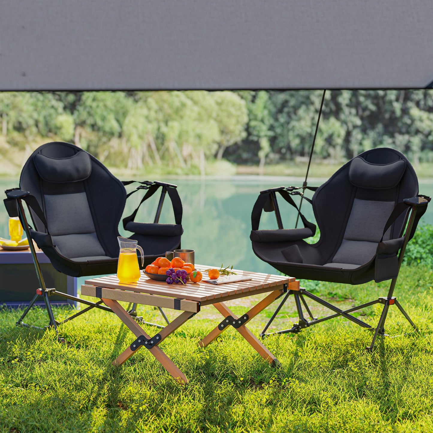 Outsunny Set of 2 Camping Chairs, Adjustable Swinging Chair with Cup Holder, Headrest & Carry Bag, Black