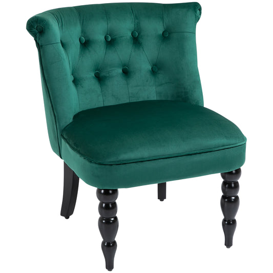 HOMCOM Velvet Accent Chair Button Tufted Wingback Chair with Rubber Wood Legs for Living Room Bedroom Dark Green