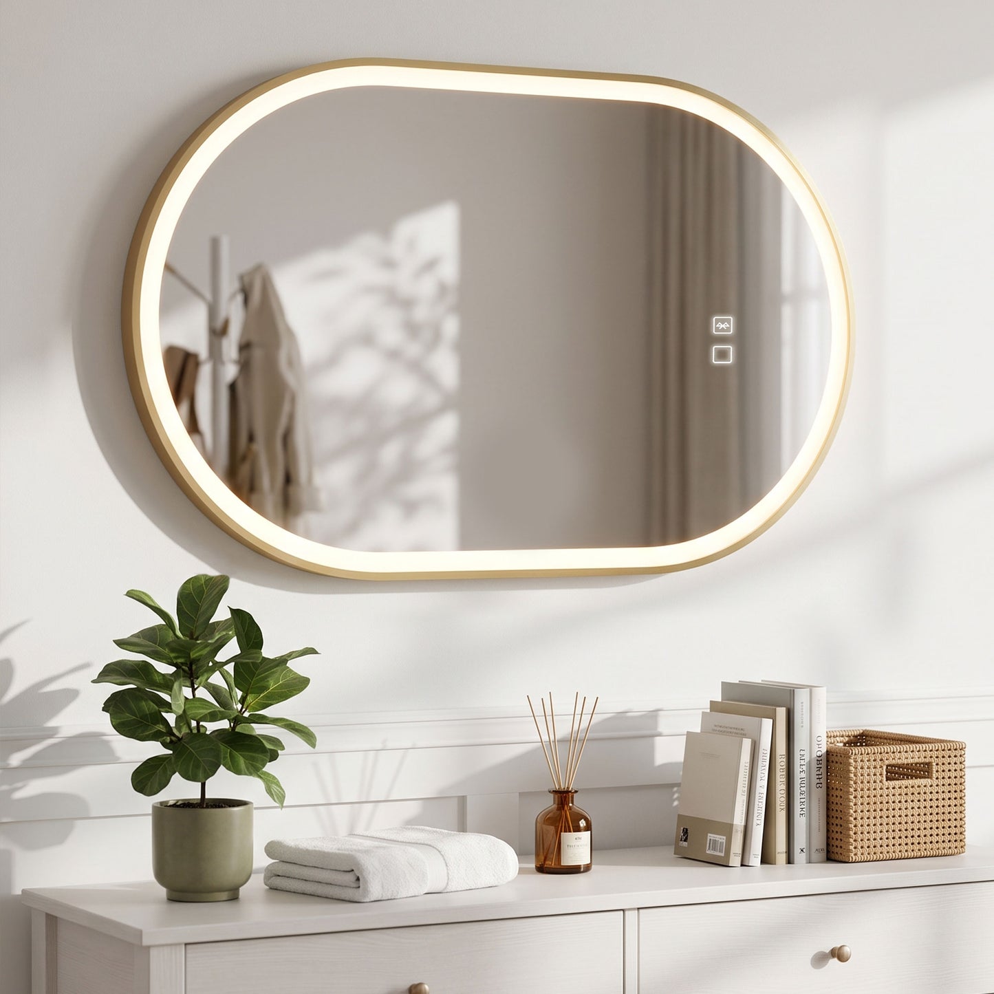 HOMCOM Bathroom Mirror with LED Lights, 100x70cm Oval Bathroom Mirror, Dimmable, Bluetooth, Anti-Fog, Gold Tone