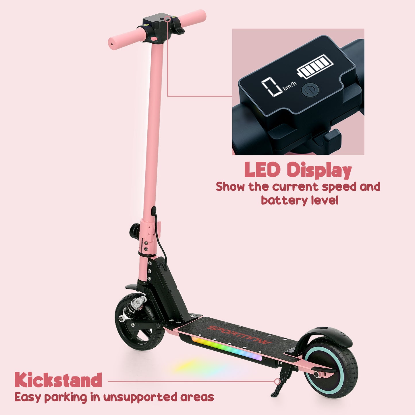 SPORTNOW Folding Kids Electric Scooter 6-14, Dual Brakes, Suspension, LED Lights, 6.8kg, 14 KM/H, Pink