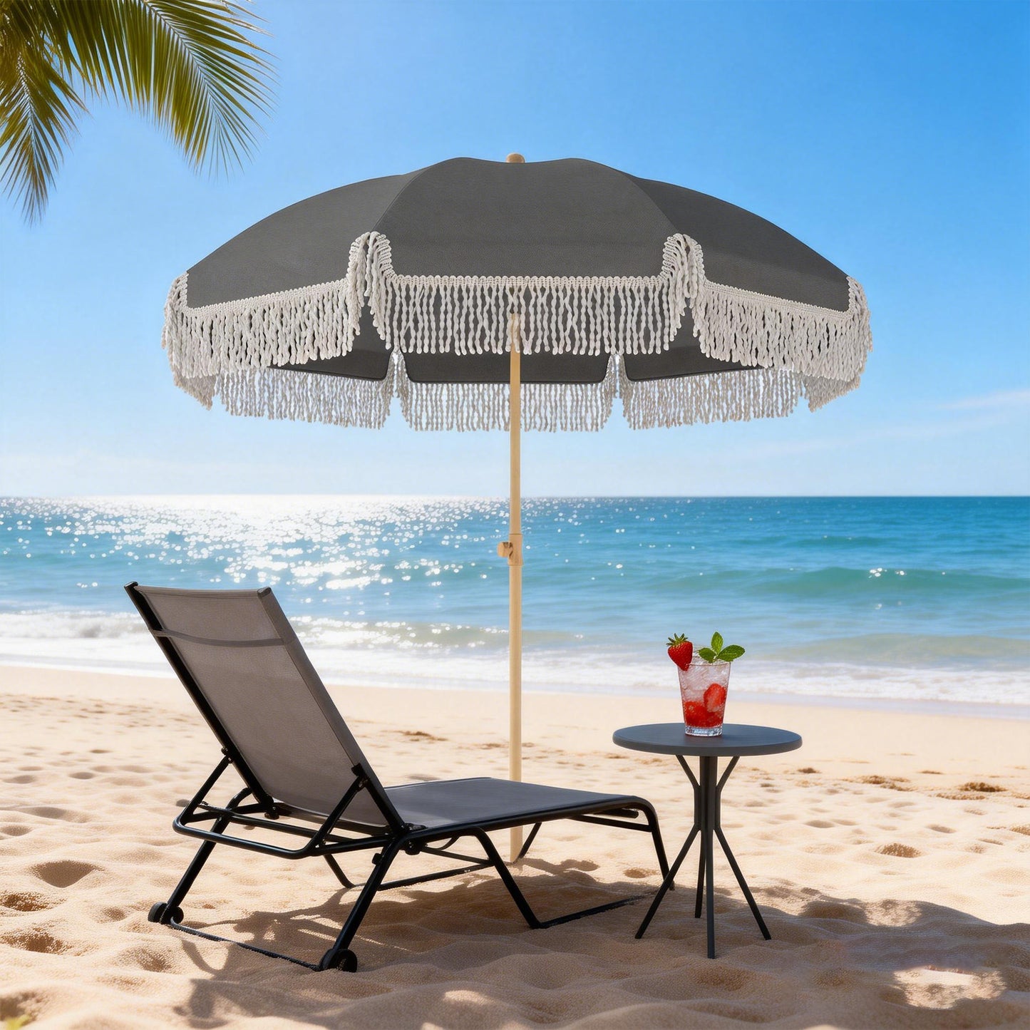 Outsunny 1.7 m Beach Umbrella with Sand Anchor, 30° Tilting Beach Garden Parasol with Adjustable Height, Grey