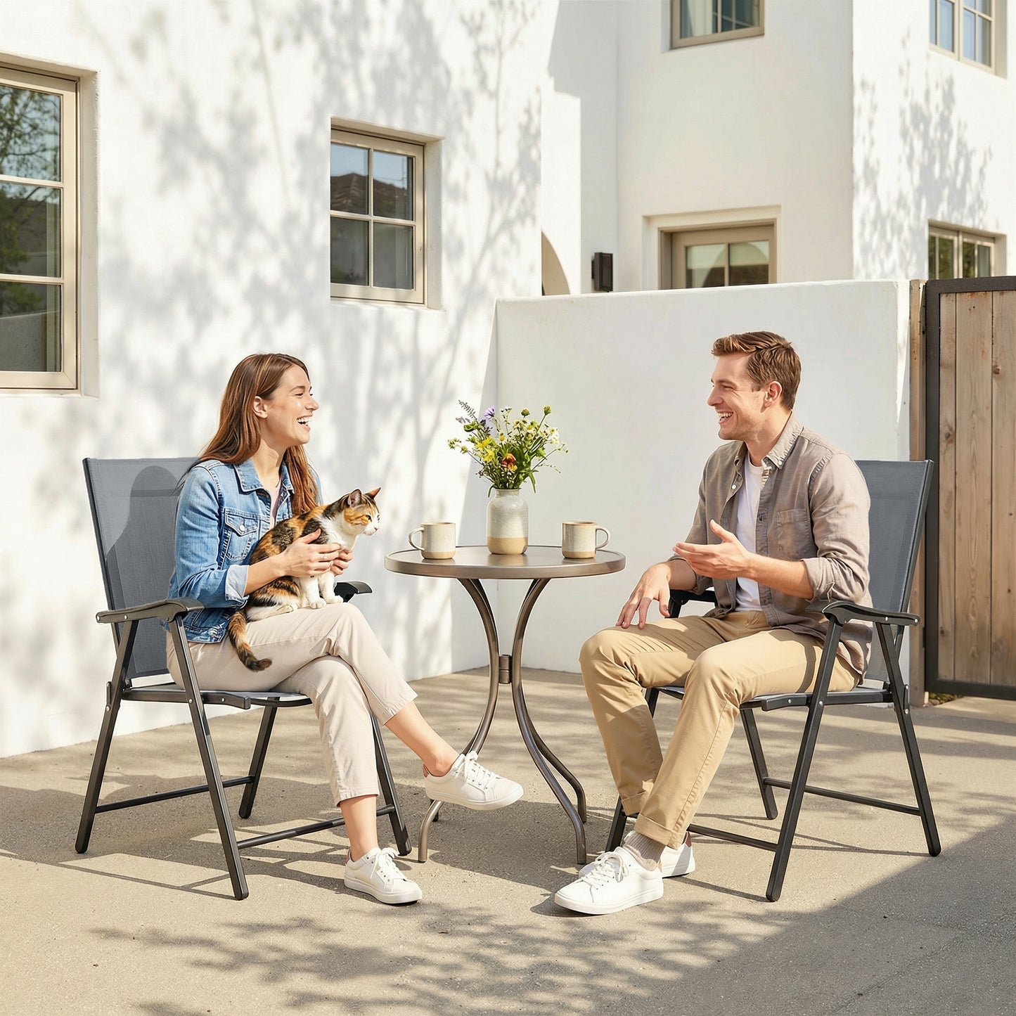 Outsunny Folding Garden Chairs Set of 2, Foldable Garden Dining Chairs with High Back, Armrests, Texteline Seat, Light Grey