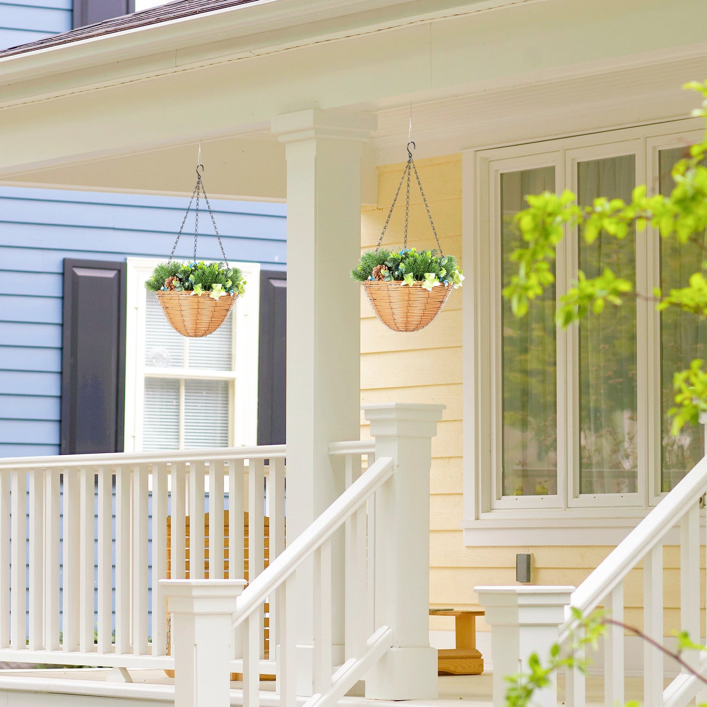 HOMCOM Artificial Flowers in Basket, Set of 2, with PE Leaves, 18 Flowers & 3 Pinecones, Decorative Faux Plant for Home/Office Decor, Green