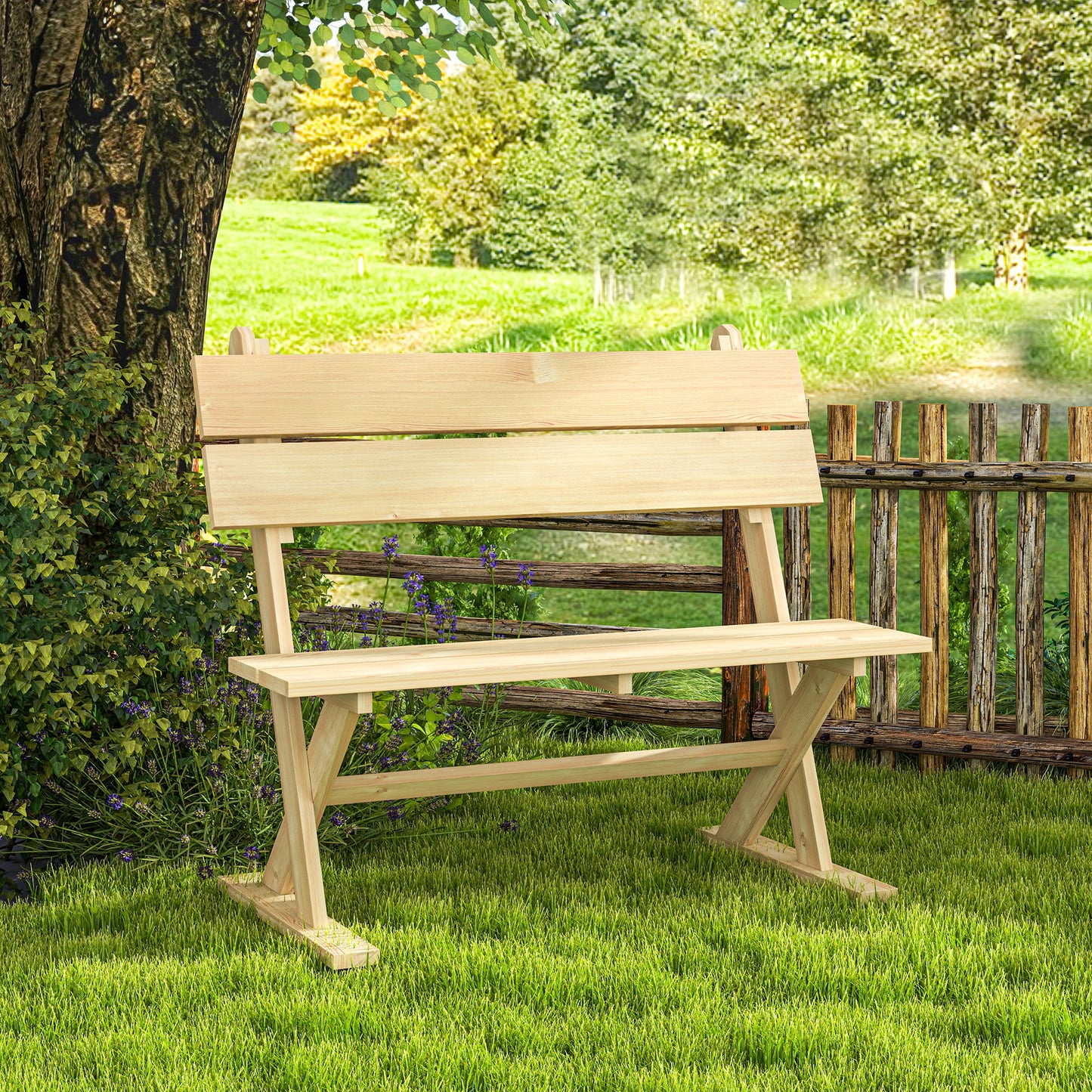 Outsunny 2 Seater Wooden Garden Bench, Fir Wood Loveseat with Slatted Seat & Sloping Back, Natural Finish