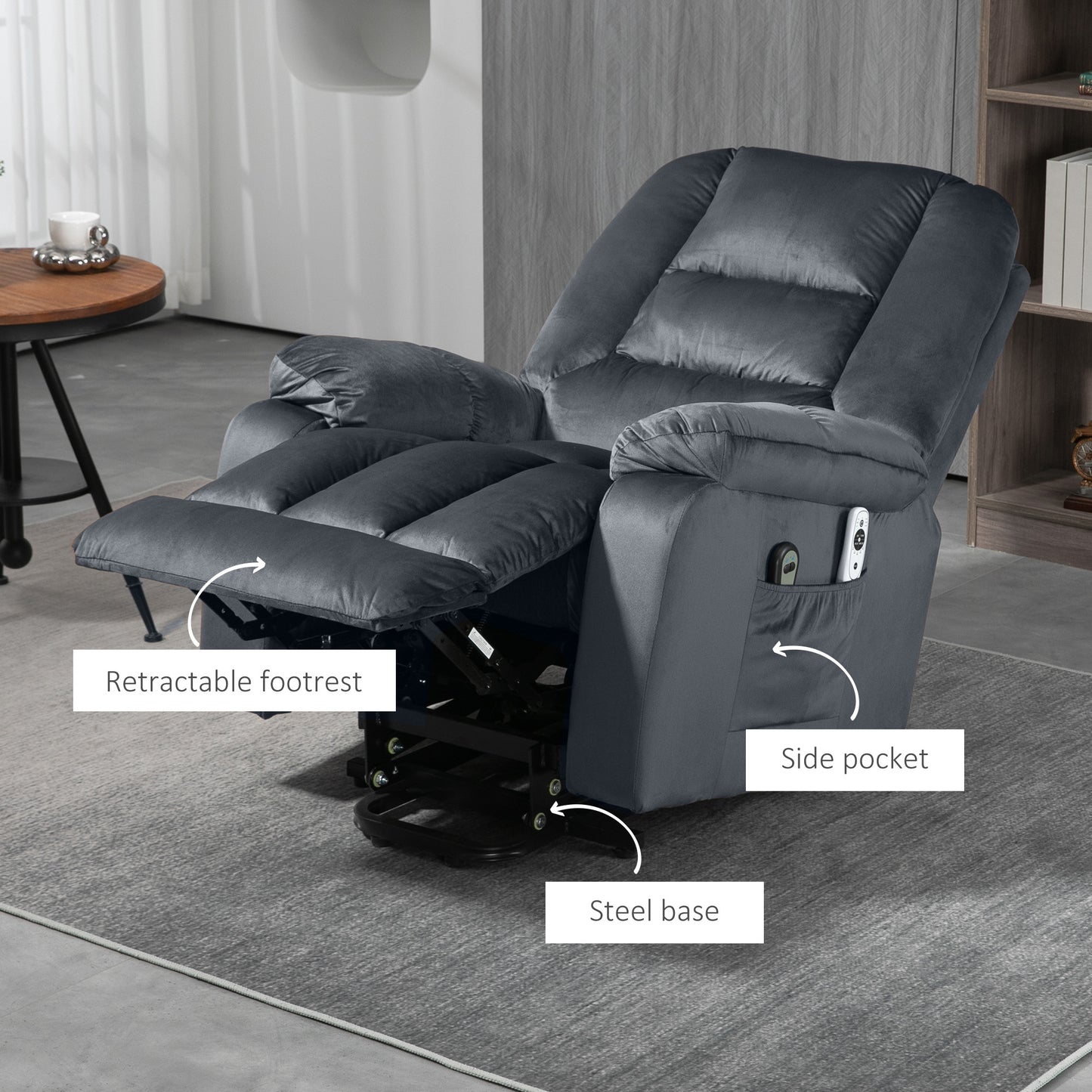 HOMCOM Lift Chair Quick Assembly Electric Riser and Recliner Chair with Vibration Massage Heat Side Pockets Grey