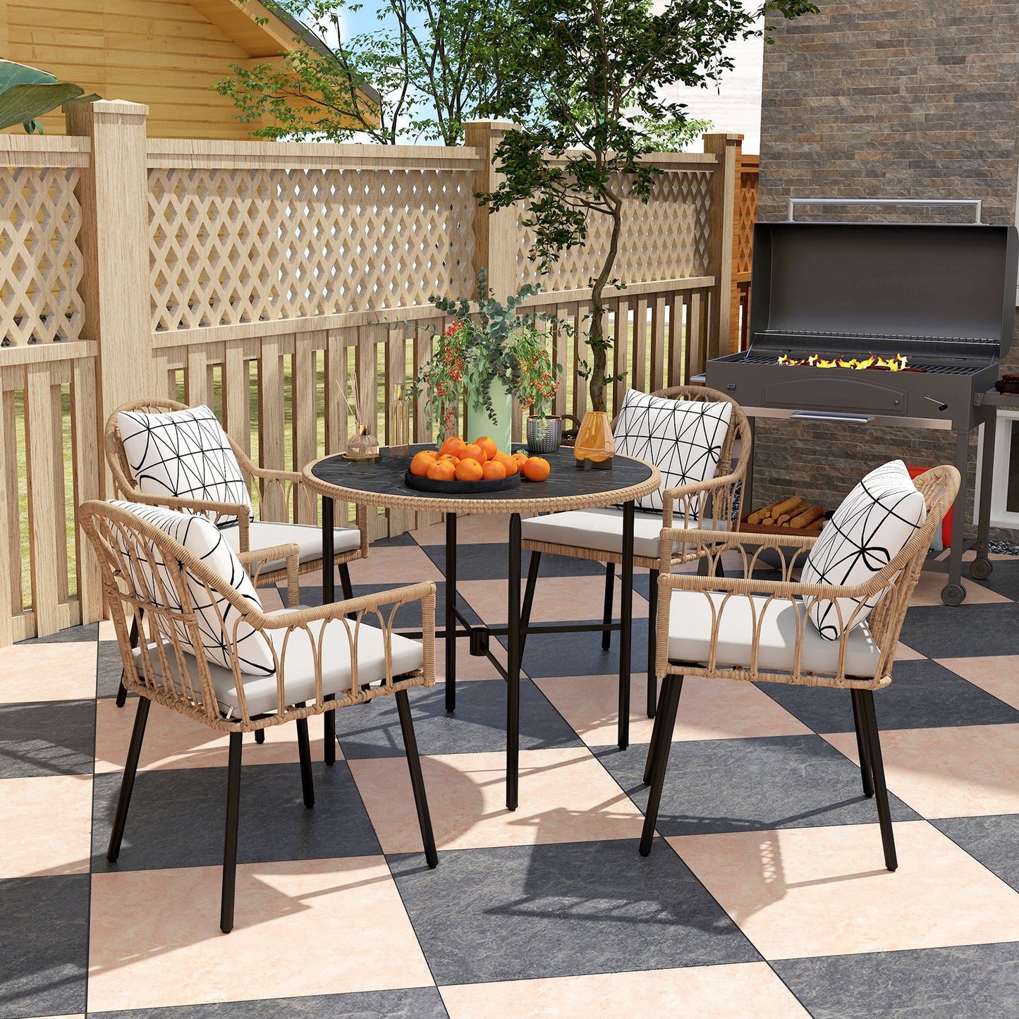 Outsunny 5 Piece Patio Rattan Dining Set, Wicker Garden Table & Chairs w/ Removable Cushions, Round Glass Tabletop, Parasol Hole, Light Brown