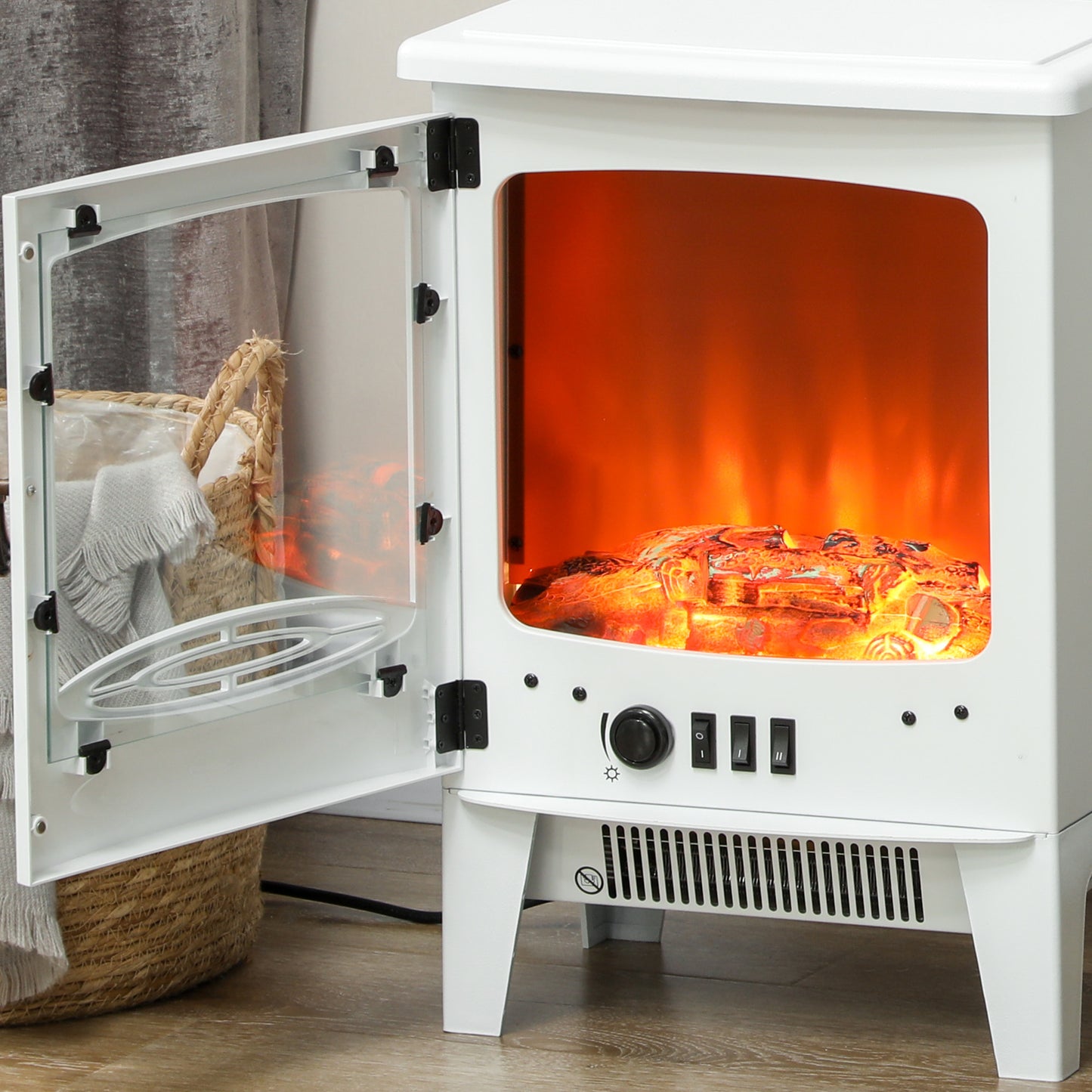 HOMCOM Tempered Glass Casing Electric Fireplace with Realistic Flame Effect 1850W White