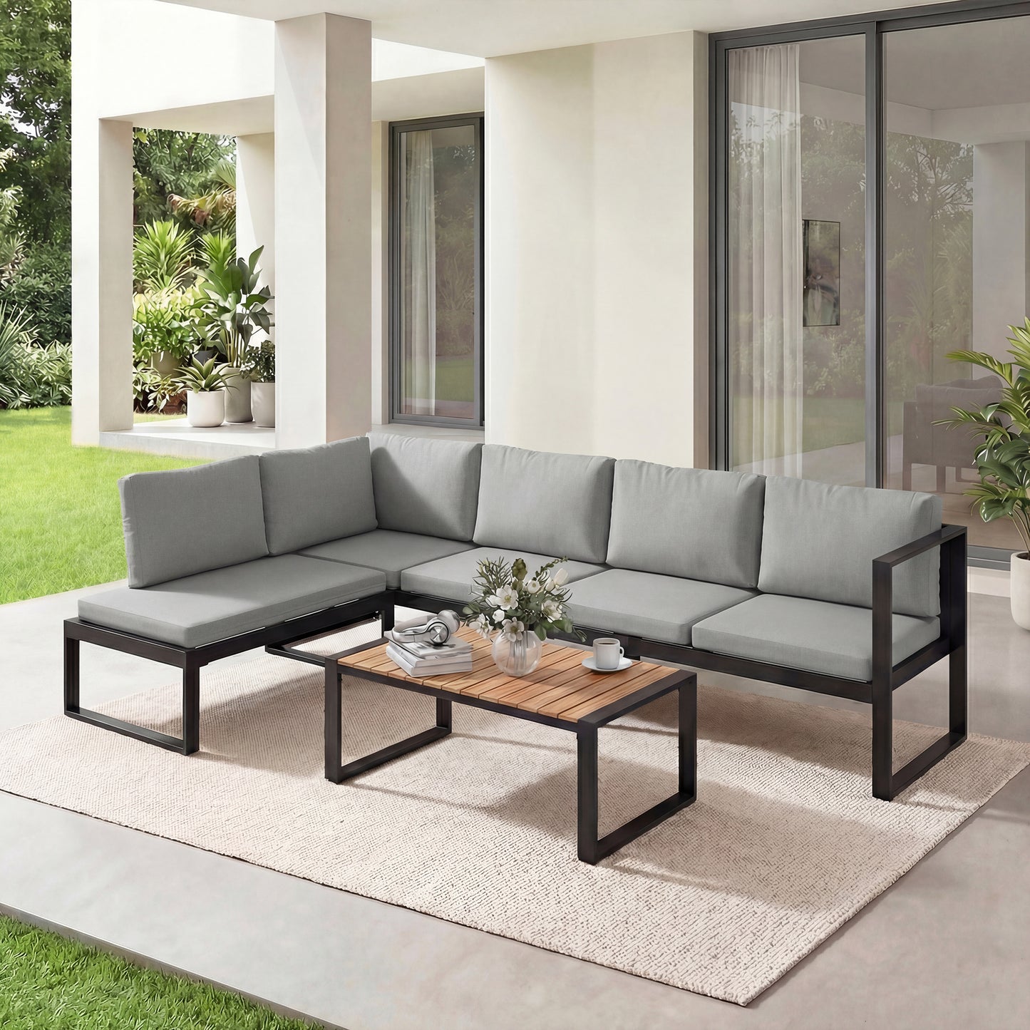Outsunny 4 Piece Garden Furniture Set, Garden Sofa Set with 2 Loveseats, Armless Chair, Coffee Table for Balcony, Dark Grey