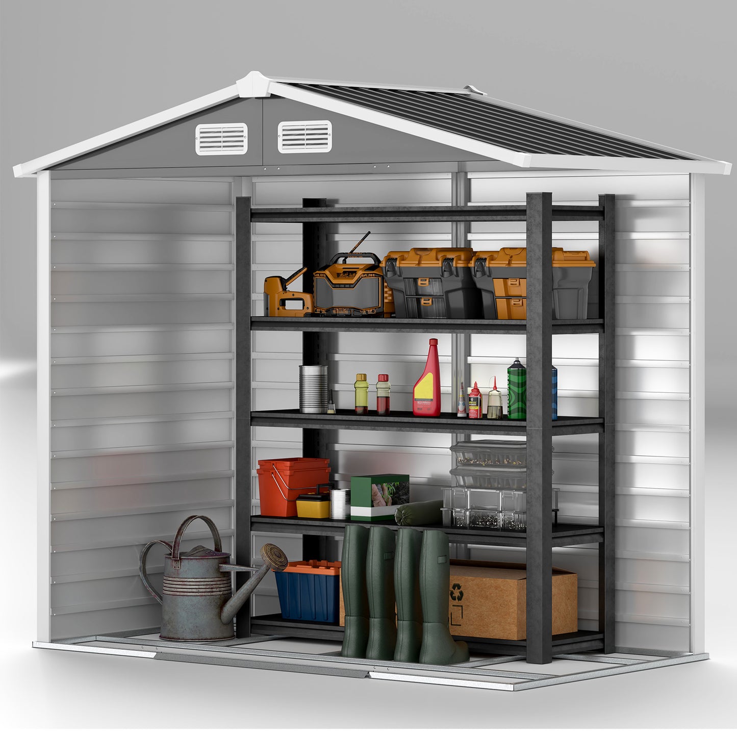 Outsunny Garden Shed, 7x4ft, Easy to Assemble, Upgraded Galvanised Steel with Foundation & Lockable Double Doors, Vents & Gloves, Dark Grey