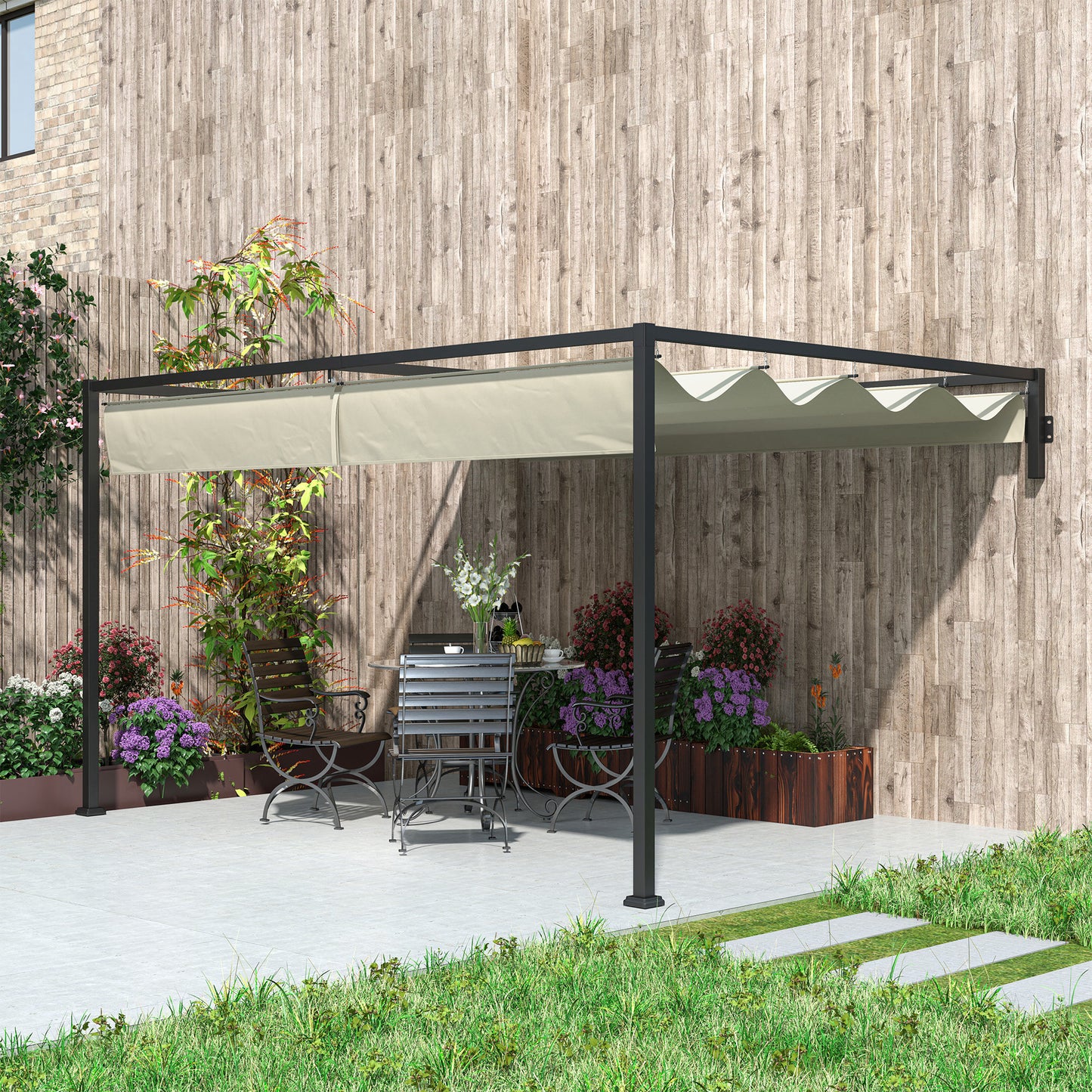 Outsunny 3 x 4m Lean To Steel Pergola, with Moving Fabric Canopy - Khaki