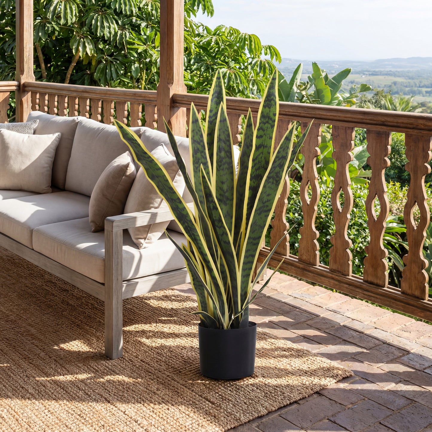 Outsunny Artificial Snake Plant 21 Variegated Leaves Fake Plant in Pot Indoor Outdoor Decor Green