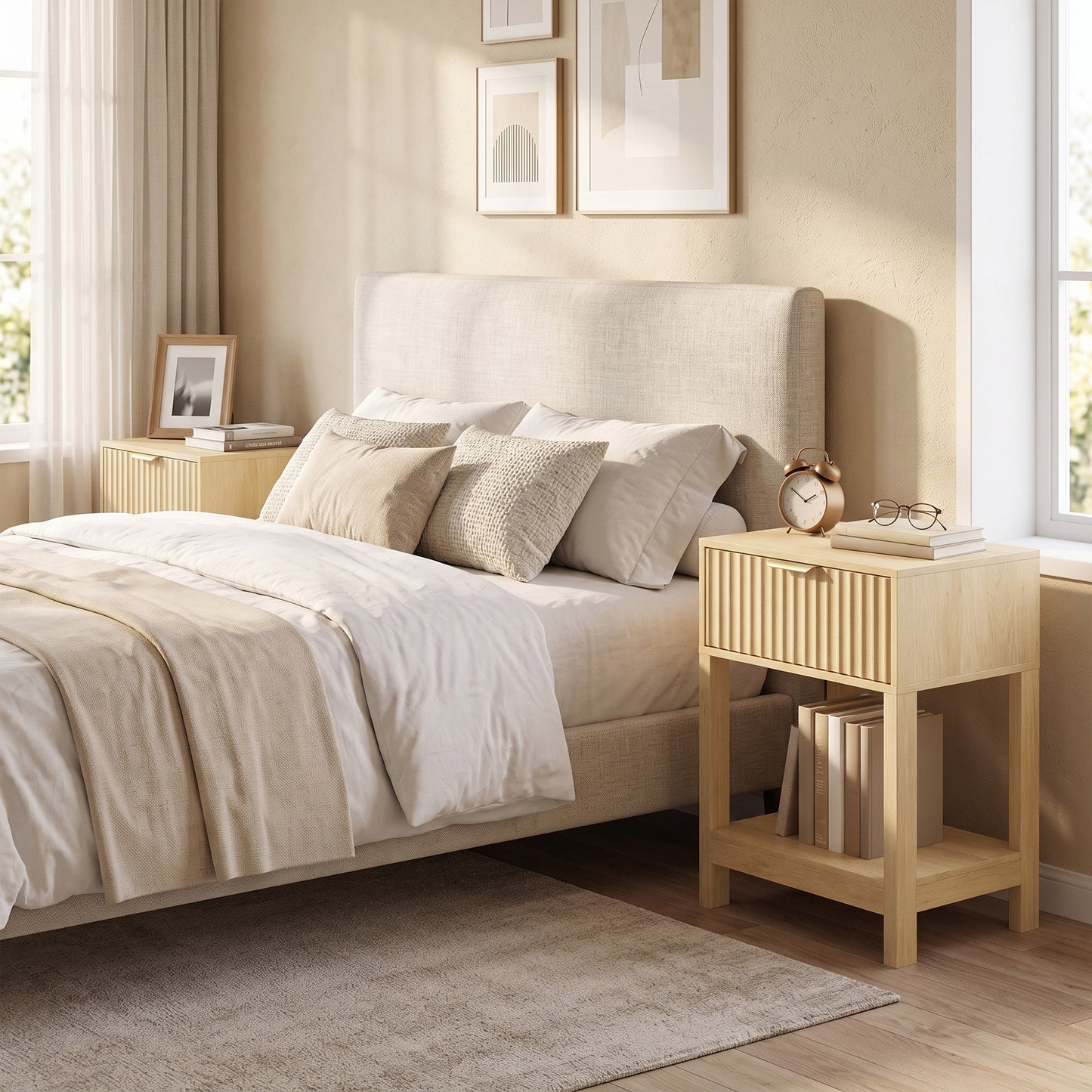 HOMCOM Modern Fluted Nightstand Set of 2, Bedside Table with Charging Station, Drawer and Open Shelf for Bedroom, Oak