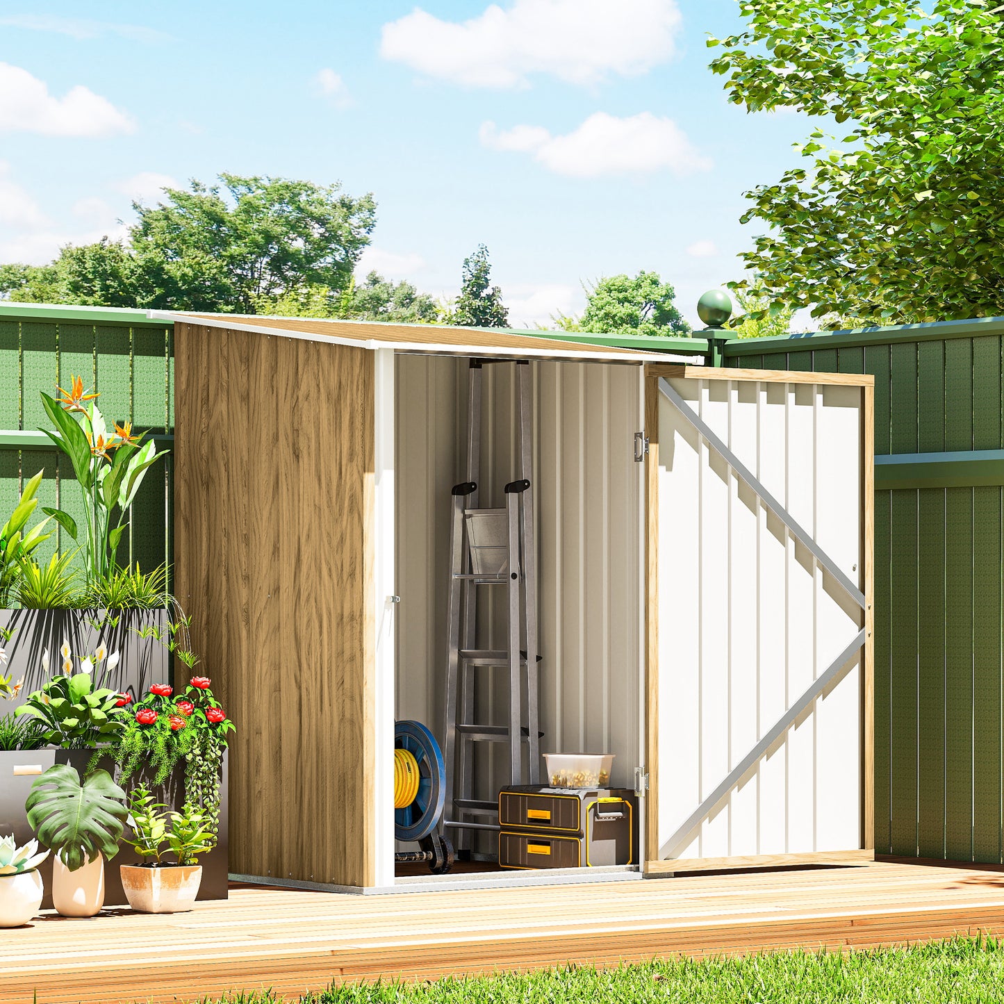 Outsunny 3.3 x 3.4ft Lean To Steel Garden Shed, with Locking Door - Light Brown Wood Effect/White
