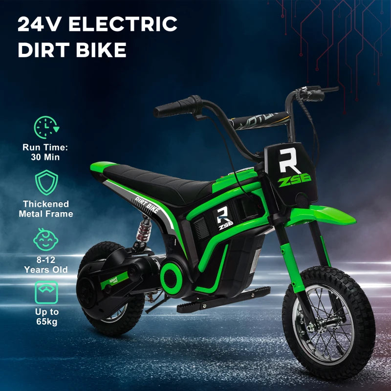 HOMCOM 24V Electric Motorbike, Dirt Bike with Twist Grip Throttle, Music, Horn, 12" Pneumatic Tyres, 16km/h Max Speed - Green
