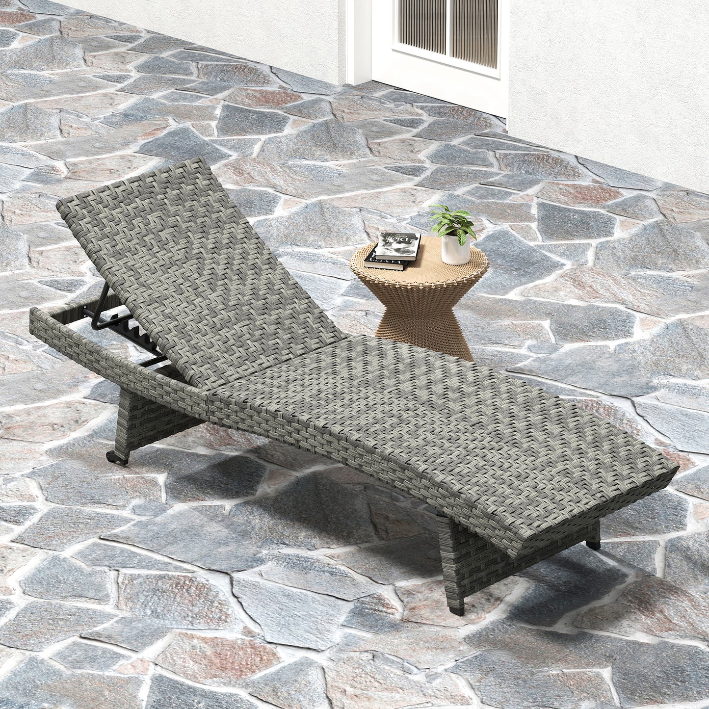 Outsunny Outdoor PE Rattan Sun Lounger, Folding Wicker Recliner with 4-Level Adjustable Backrest & Wheels, Non-Slip Legs, Mixed-grey