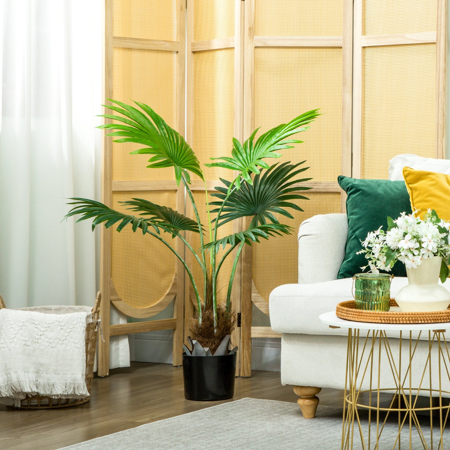 HOMCOM Artificial Palm Tree, 94cm Decorative Plant, Lifelike PEVA Leaves, Coconut Coir, Fake Tree in Plastic Pot, Home Office Decor, Green