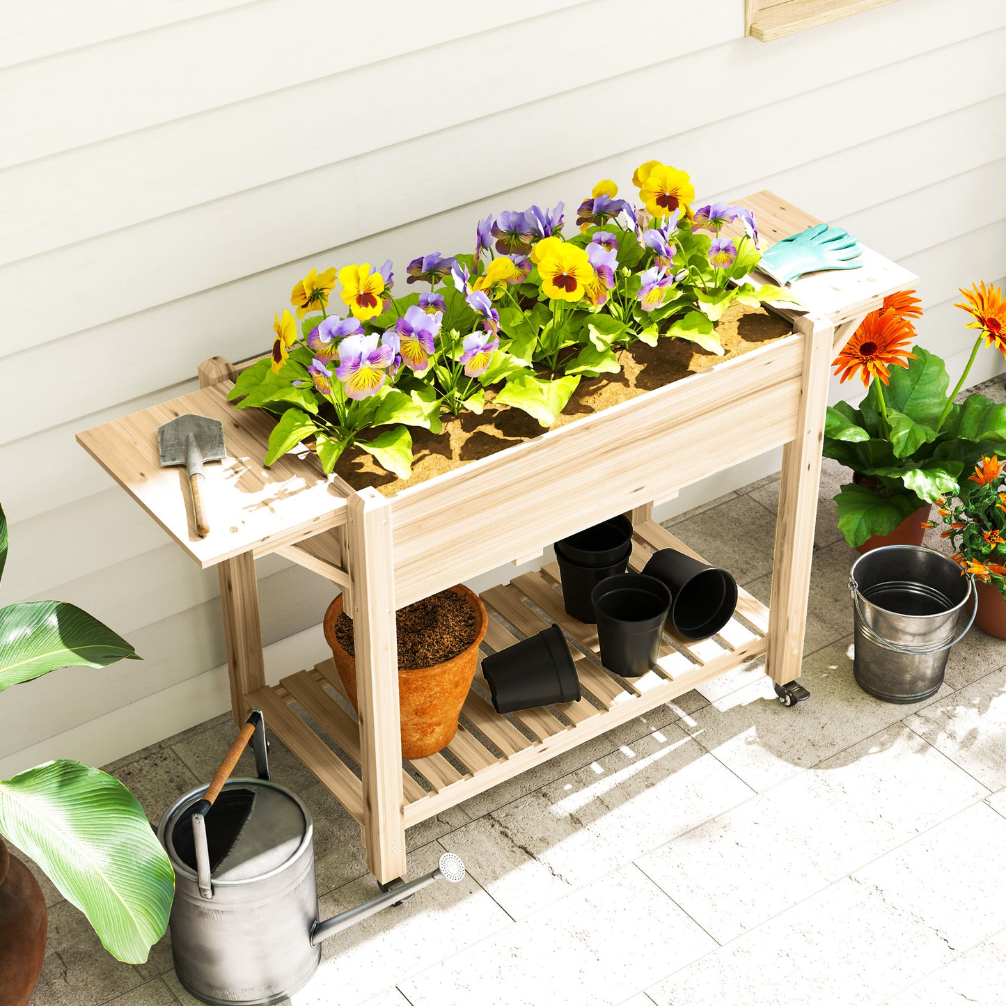 Outsunny Raised Garden Bed, Wooden Planter Box with Wheels, Side Tables, Shelf, Liner & Drainage Holes