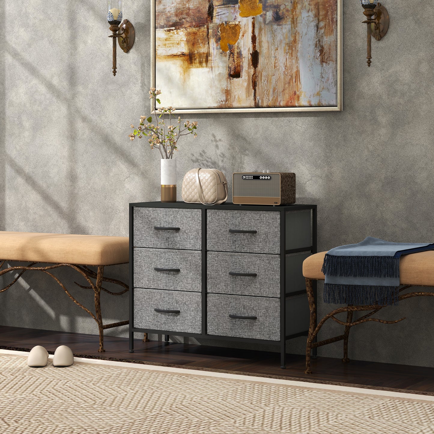 HOMCOM Industrial Dresser with 6 Fabric Drawers, Steel Frame & Wooden Top for Nursery, Living Room, Hallway, Black