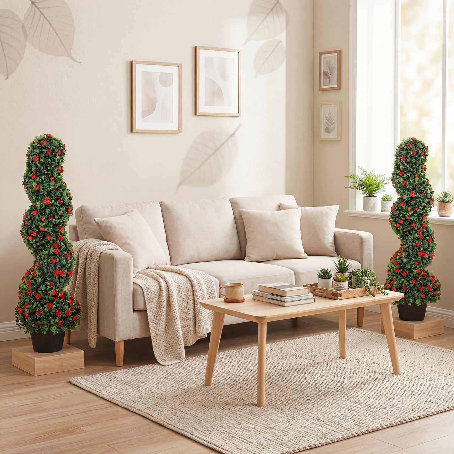 HOMCOM Artificial Rose Spiral Topiary Tree Set of 2, Indoor Outdoor Fake Plants with 630 Leaves, 90cm