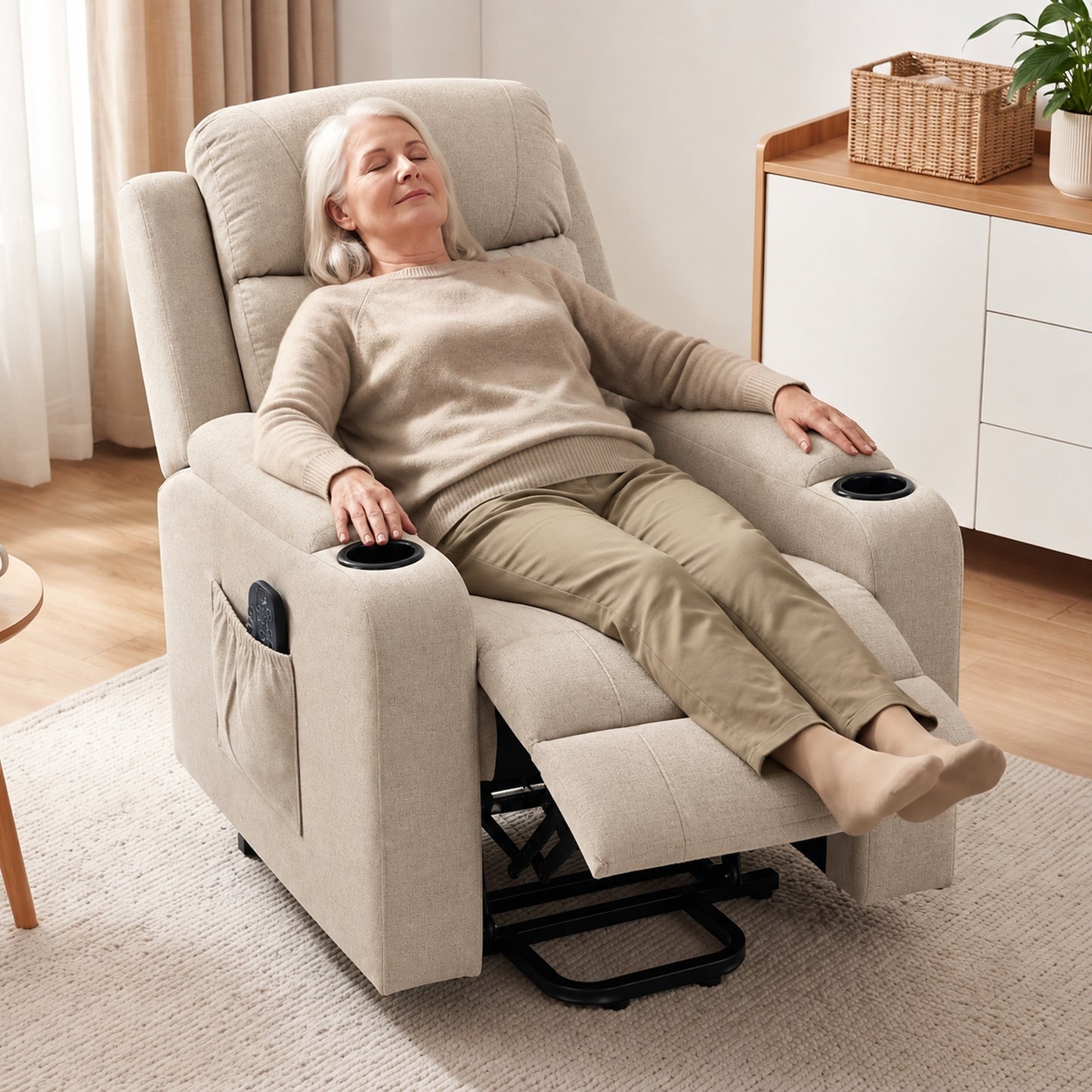 HOMCOM Riser Recliner Chair with Massage and Heat, Linen Electric Lift Armchair for Elderly with Spring Cushion, Beige