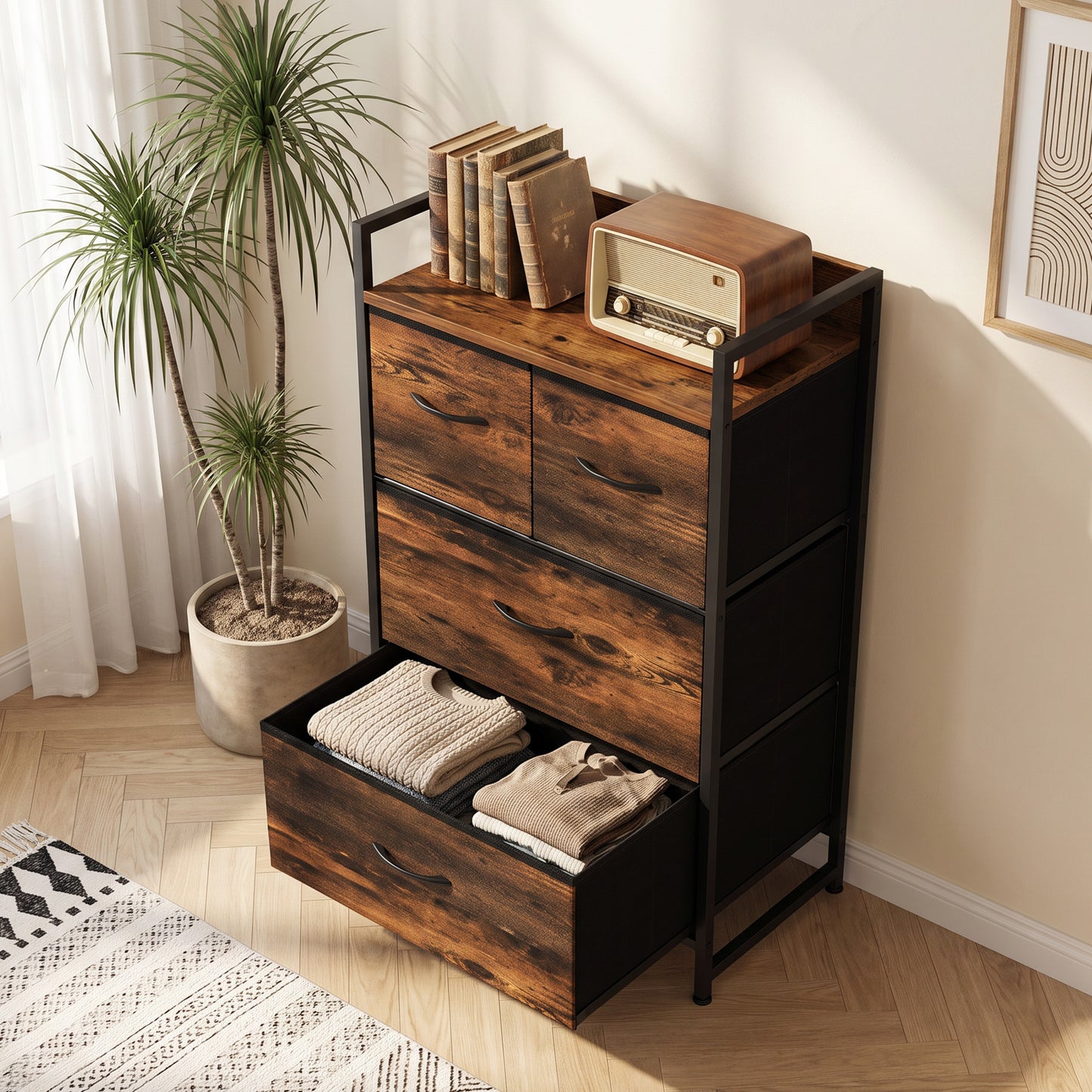HOMCOM Rustic Chest of Four Fabric Drawers - Rustic Brown