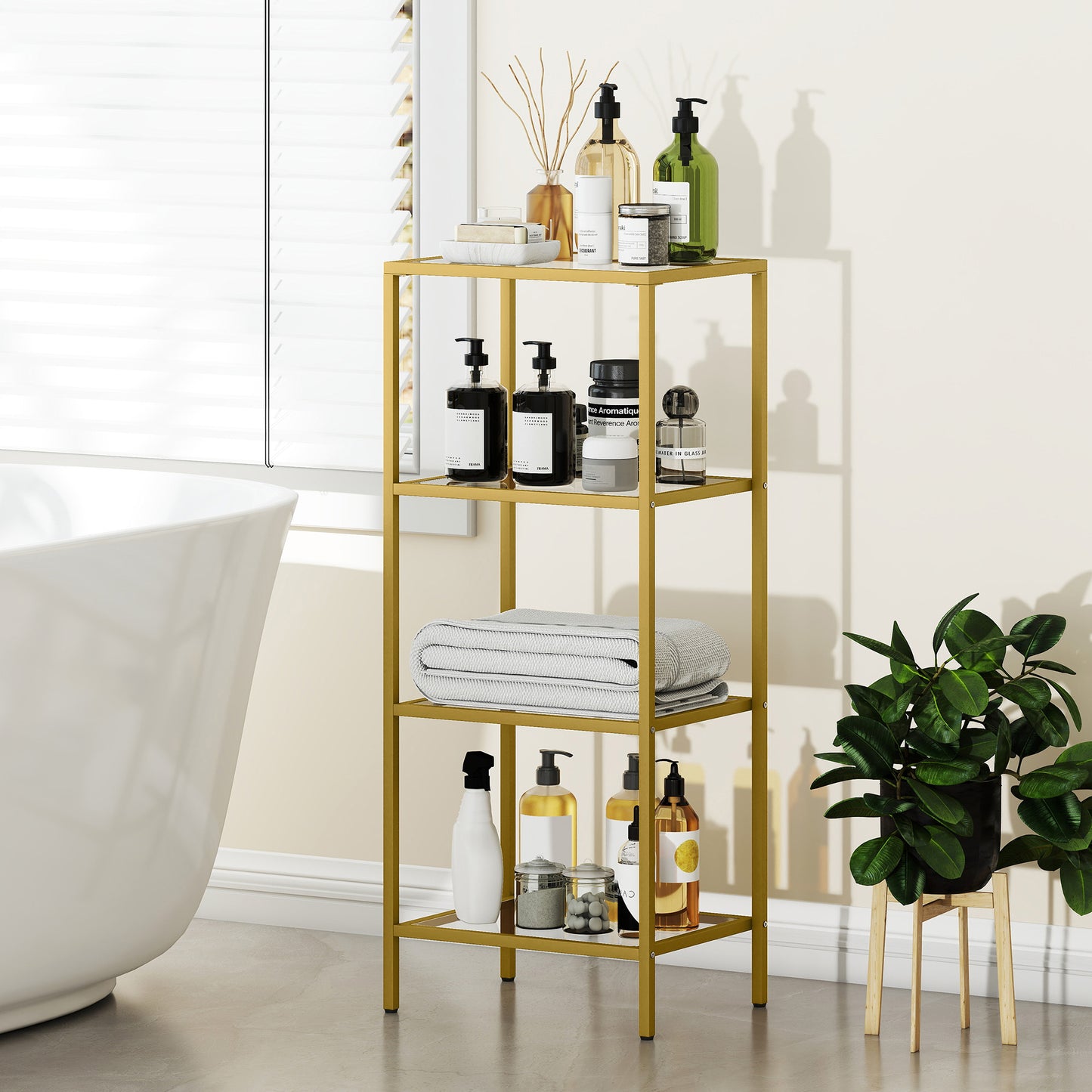 HOMCOM 4-Tier Shelving Unit, Glass Shelf, Vertical Storage Shelf for Living Room, Home Office, Bedroom, Bathroom, Gold Tone