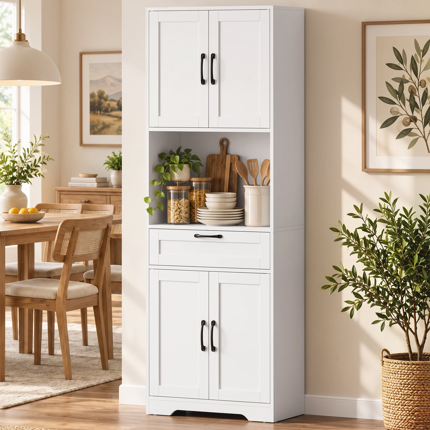 HOMCOM 170 cm Tall Kitchen Pantry with Adjustable Shelves, Freestanding Storage Cabinet with Open Shelf, White Wood Effect