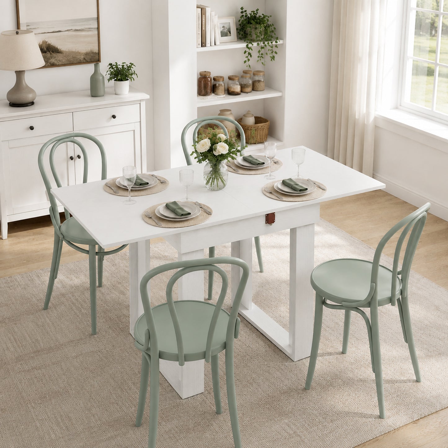 HOMCOM Folding Dining Table Under-Table Storage Extendable Kitchen Table Steel Rail White