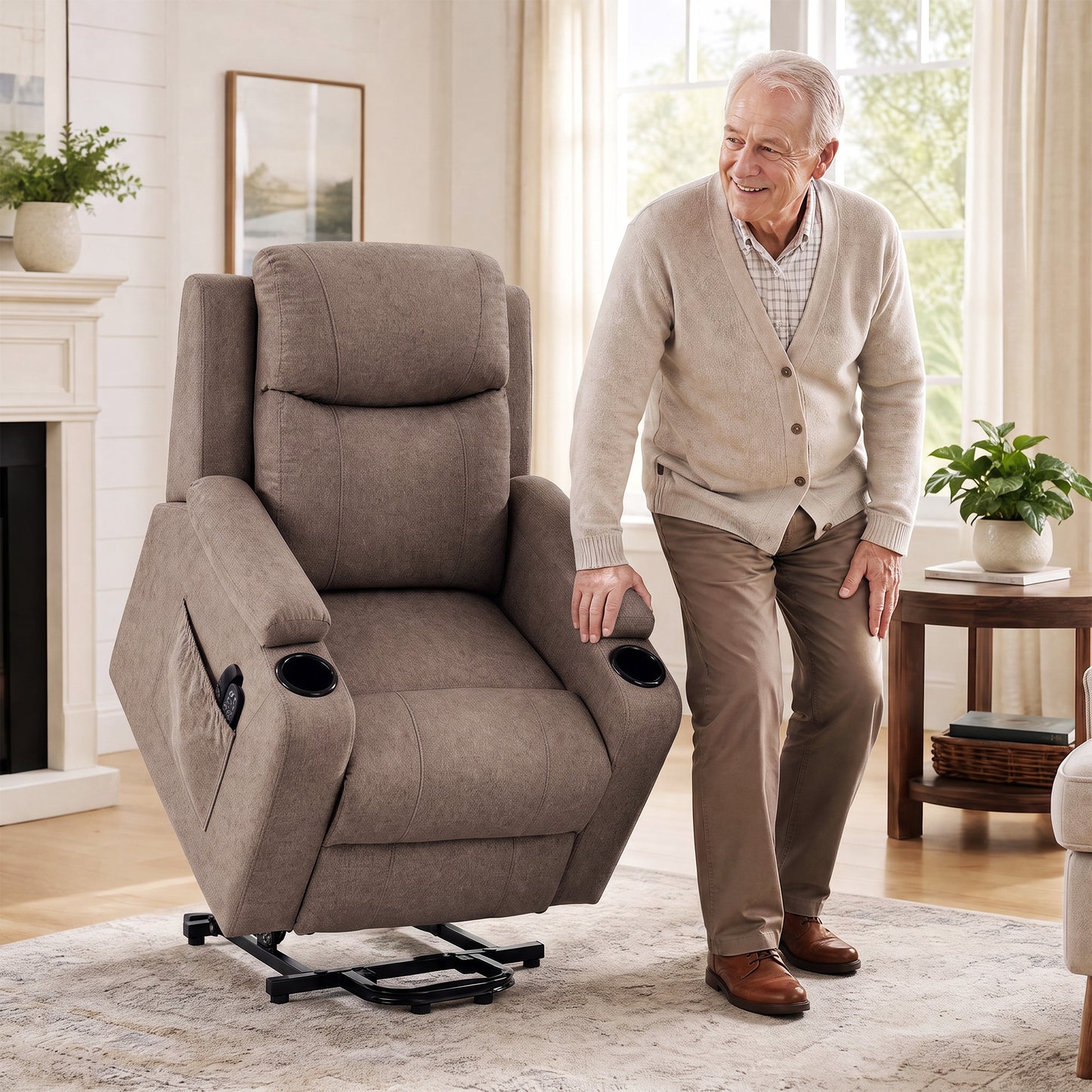 HOMCOM Riser Recliner Chair with Massage and Heat, Linen Electric Lift Armchair for Elderly with Spring Cushion, Brown