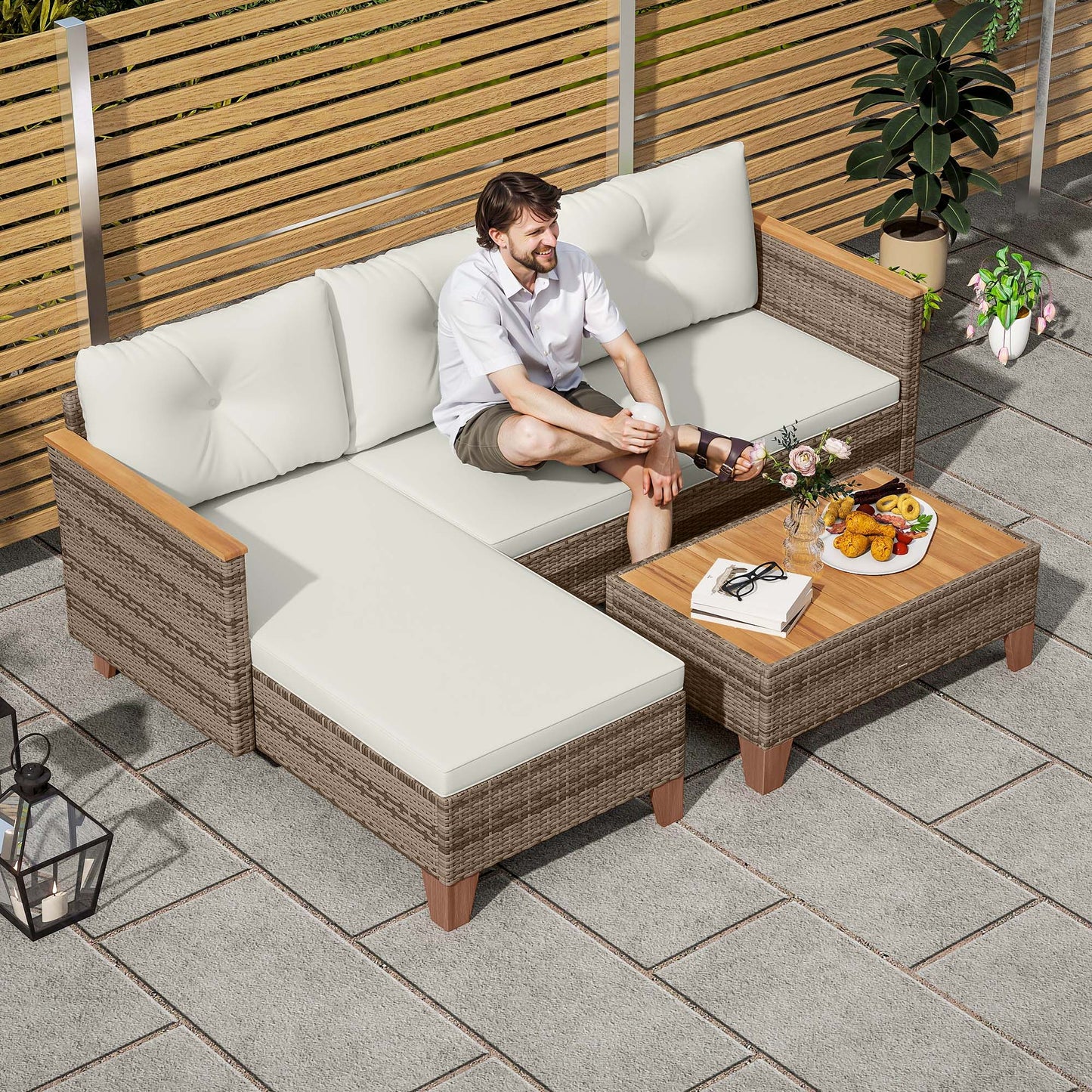 Outsunny 3-Piece Rattan Garden Furniture Set, L-Shaped Chaise Lounge with Wood Top Coffee Table, Thick Cushions, Cream