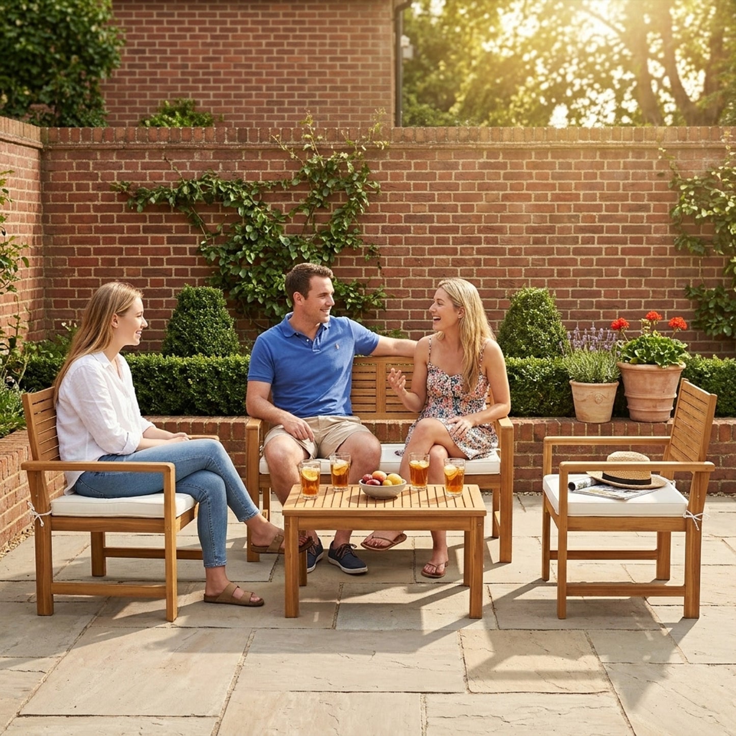 Outsunny 4 Seater Wooden Garden Furniture Set with Loveseat, Armchairs, Table, Acacia Wood Garden Sofa Set, Cream White