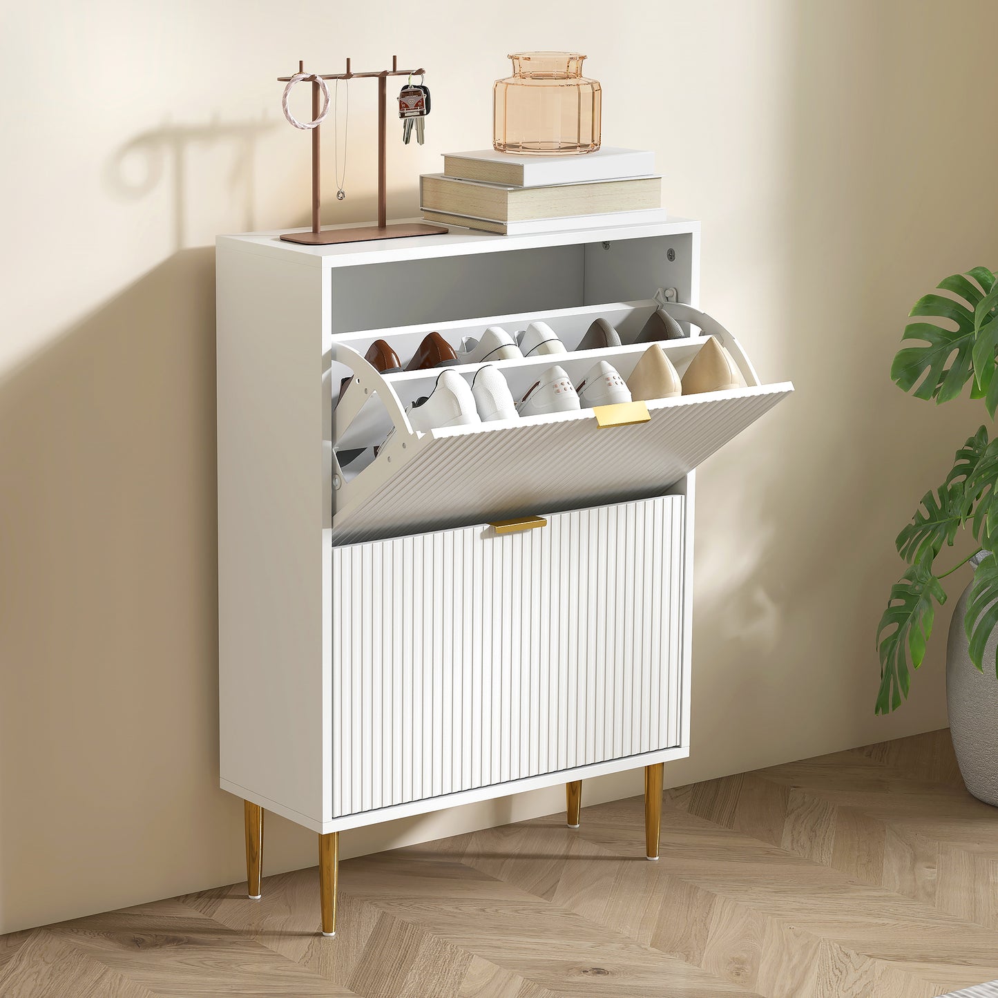 HOMCOM Narrow Shoe Cabinet with 2 Flip Drawers - White