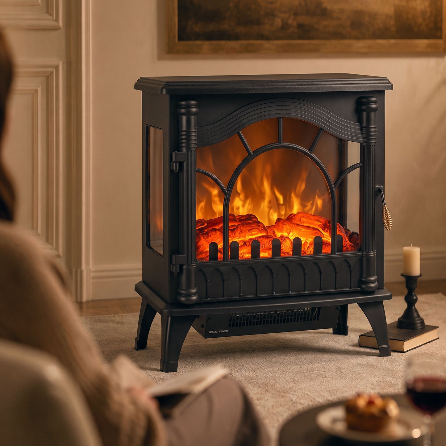HOMCOM 3-Sided Glass Electric Fire Fan Heater, Electric Fireplace Stove Freestanding Log Burner with Flame Effect, Black