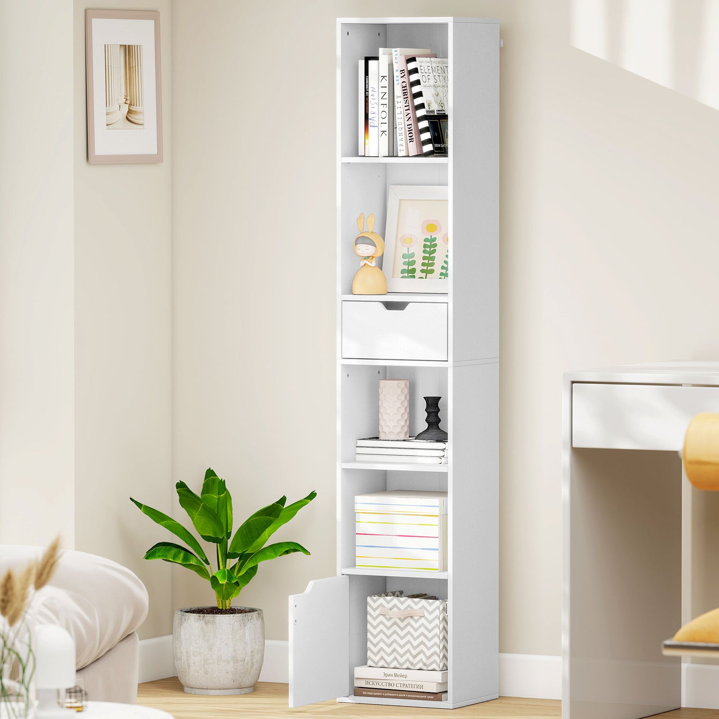 HOMCOM 6-Tier Bookcase, Tall Narrow Bookshelf with Drawer and Door - White
